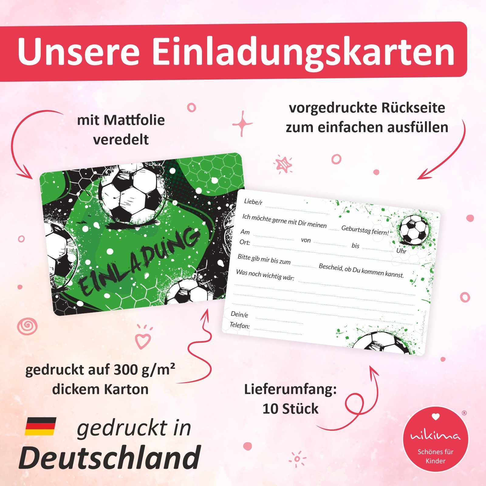 nikima Einladungskarten 10 Einladungskarten mit Mattfolie Fußball für Kindergeburtstag