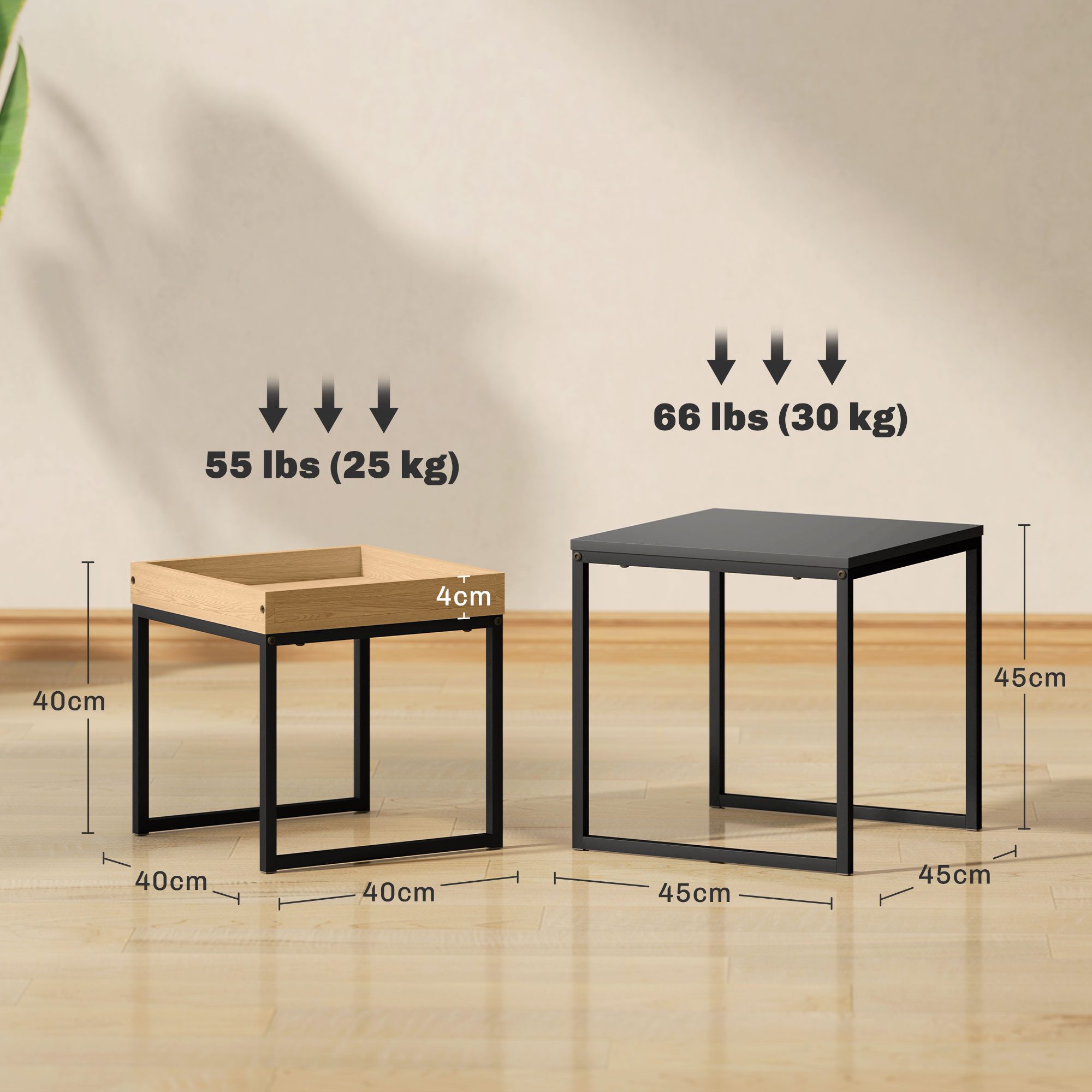 HOMCOM Couchtisch 2er-Set, mit Stahlgestell (Kaffeetisch, 2-St., Eckiger Beistelltisch), für Wohnzimmer, bis 30 kg Belastbar, Schwarz+Eiche