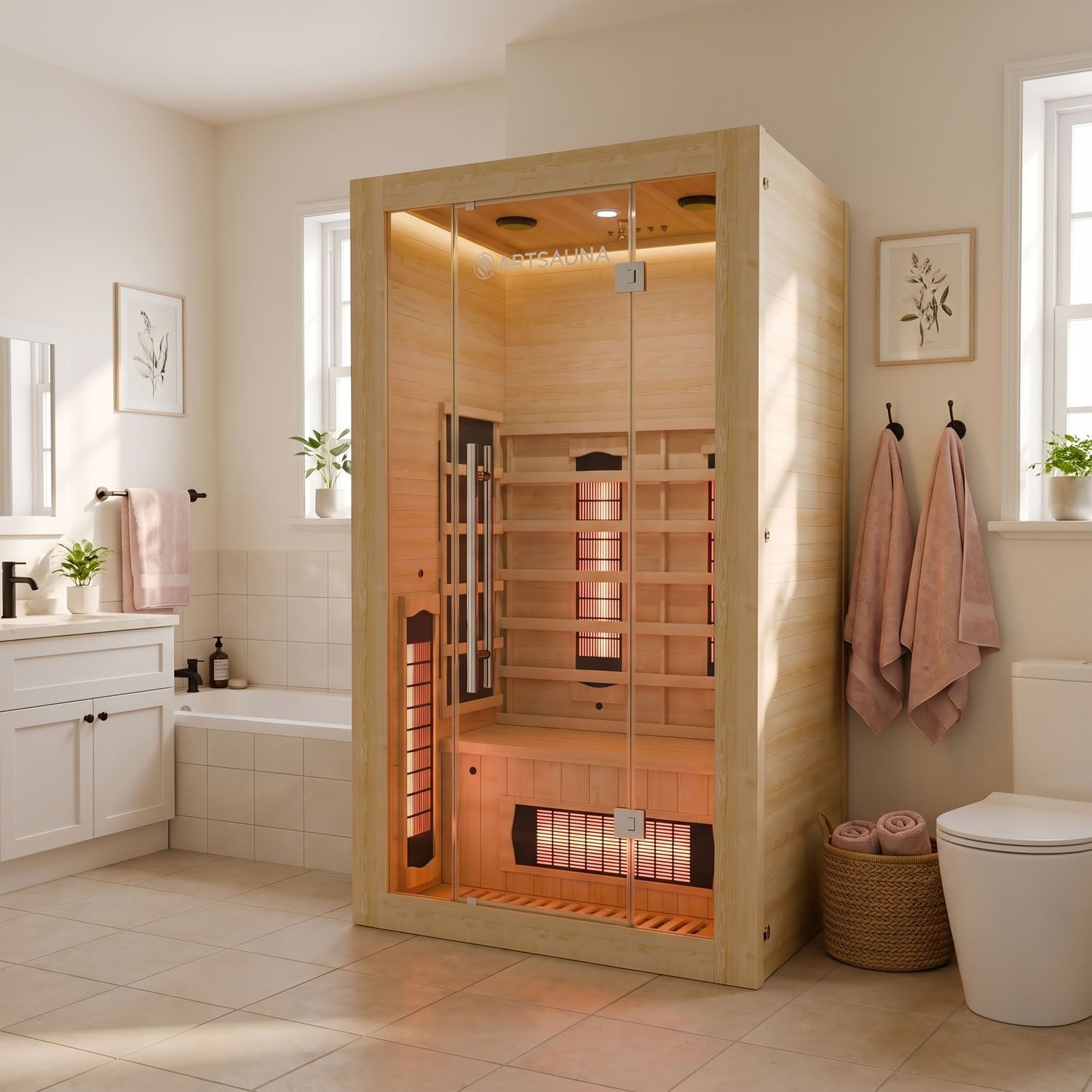 Artsauna Infrarotkabine Kiruna120 Dual Technologie, BxTxH: 120 x 105 x 190 cm, für 2 Personen, Hemlock-Holz, HiFi-System, Ionisator, LED-Farblicht