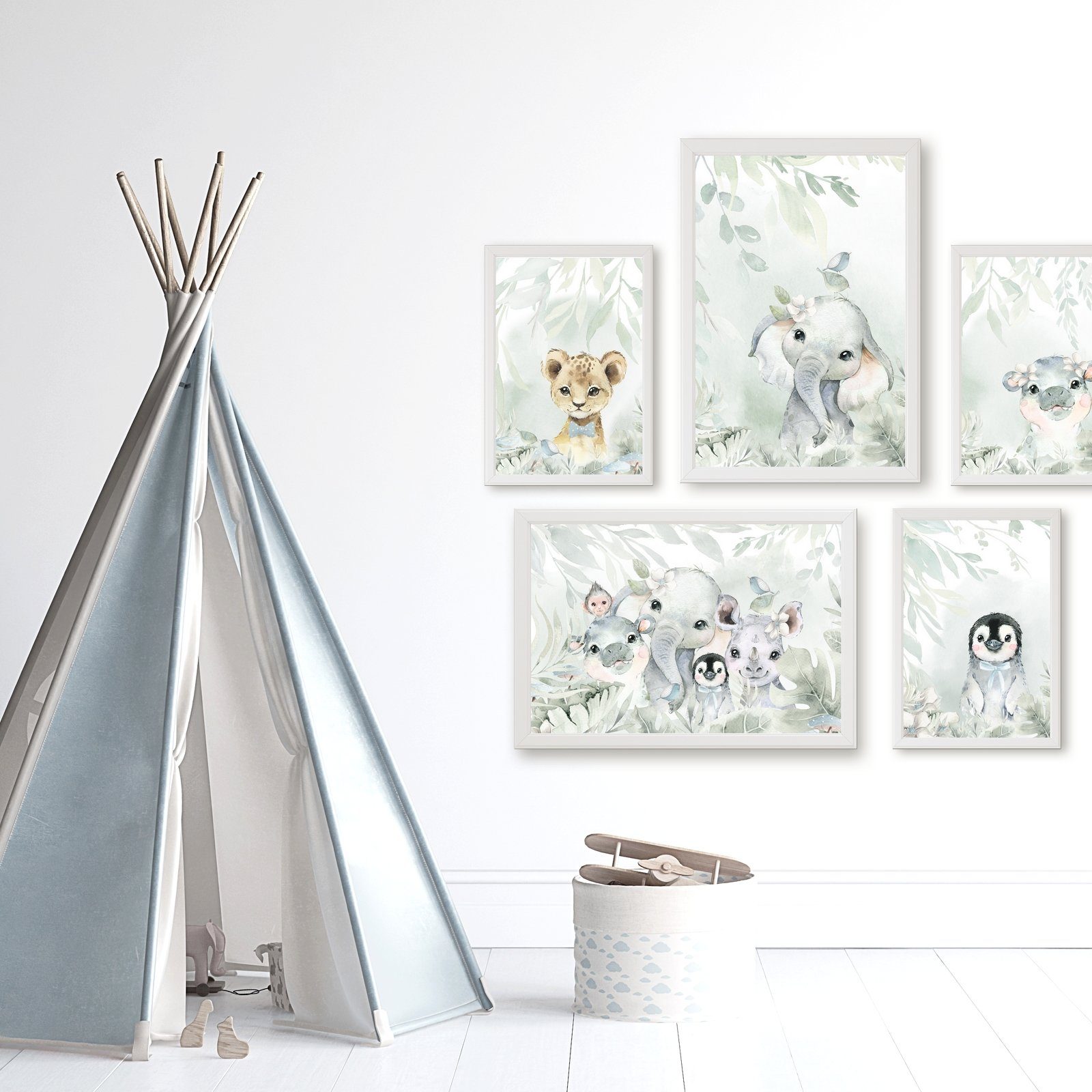 homestyle-accessoires Poster Kinderzimmer Bilderset WILDE TIERE ELEFANT LÖWE PINGUIN DSCHUNGEL, (5 St), - Ohne Bilderrahmen - sorgfältige & sichere Verpackung