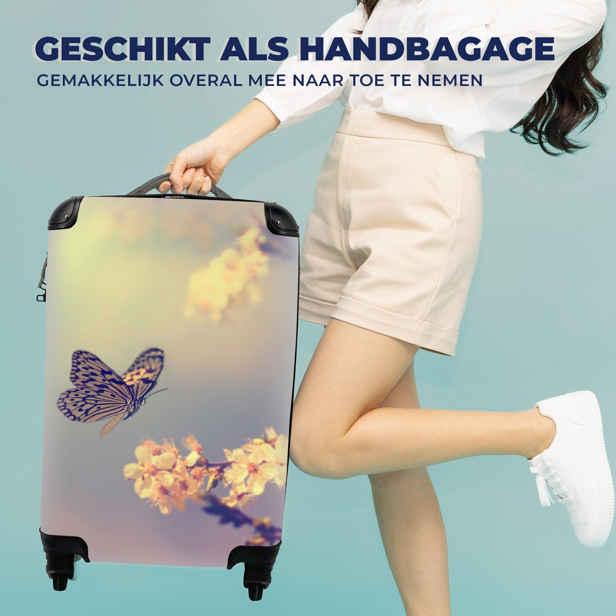 MuchoWow Handgepäckkoffer Schmetterlinge - Blüte für 4 Baum, Reisekoffer rollen, Zweig - Trolley, - Rollen, Handgepäck mit Reisetasche Ferien