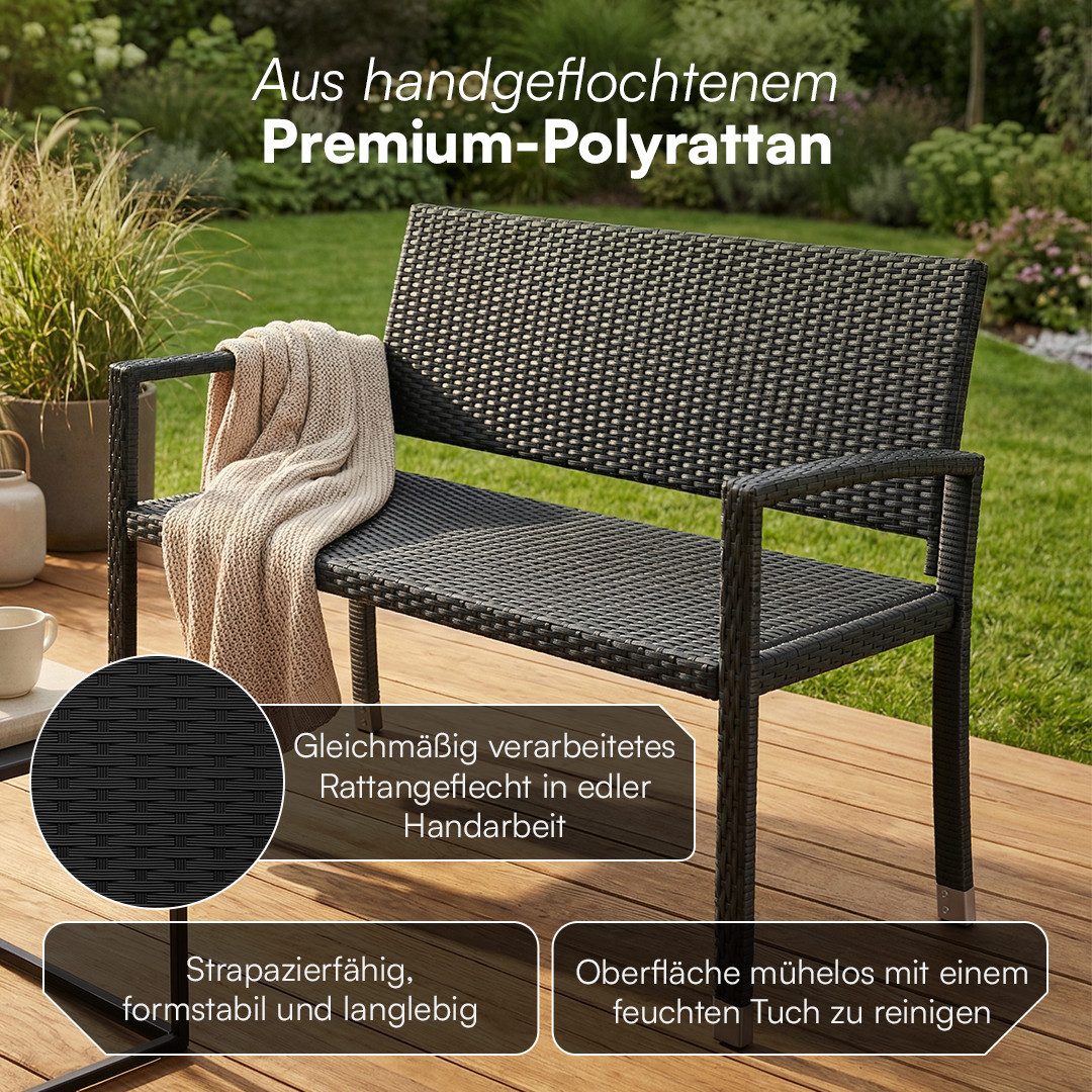 STEELSØN Gartenbank Mirador handgeflochtene Polyrattan Bank (2-Sitzer, schwarz), wetterfest & UV-beständig, ergonomische Outdoor-Bank, 120 cm Breite