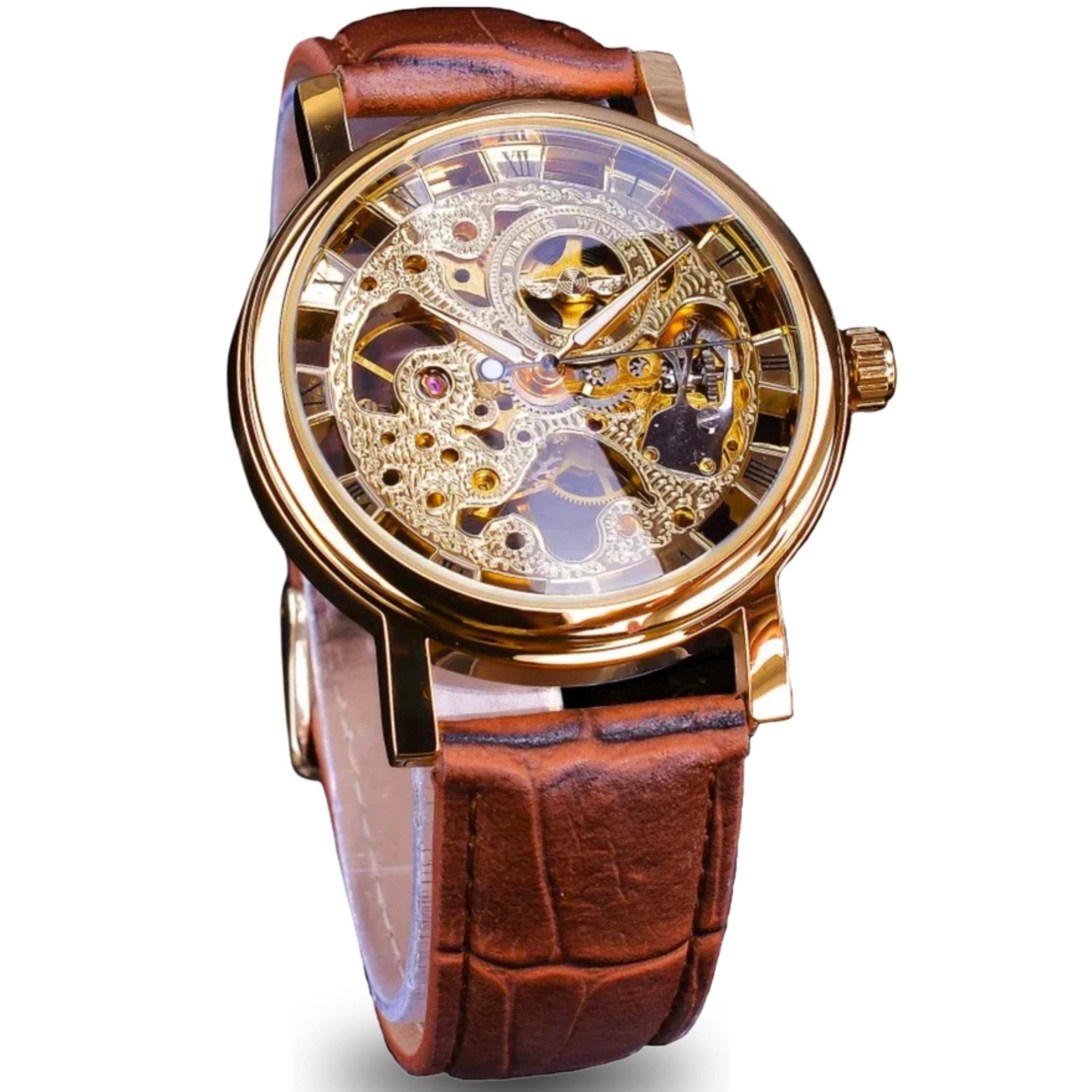 StellarLuma Automatikuhr Herren Automatikuhr Herrenuhr Goldfarbene Uhr Braun mit Uhrenbox StellarLuma Skeleton-Watch, (Set, Herren Automatik uhr inklusive Uhrenbox), Automatik Herrenuhr im Skelett-Design, inklusive hochwertiger Uhrenbox