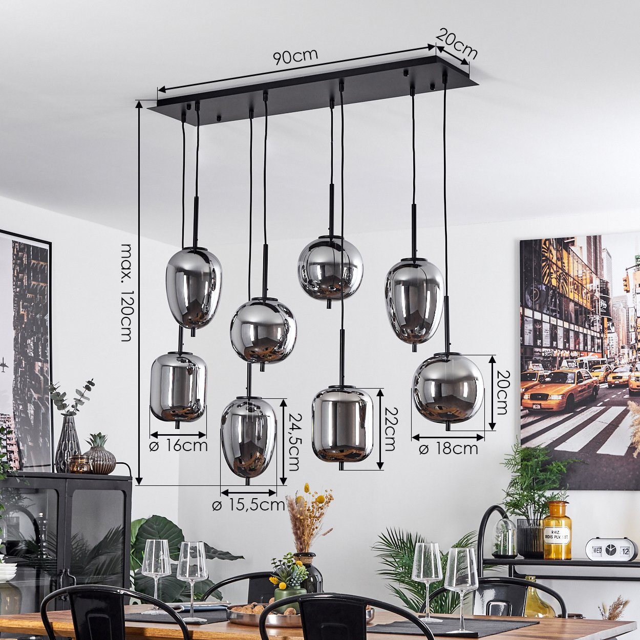 hofstein Hängeleuchte »Ambrogio« 8-flammige Deckenlampe aus Metall/Glas in Schwarz/Chrom, ohne Leuchtmittel, moderne Pendelleuchte mit Glasschirmen, 8xE14, Höhe – Bild 5 von 5