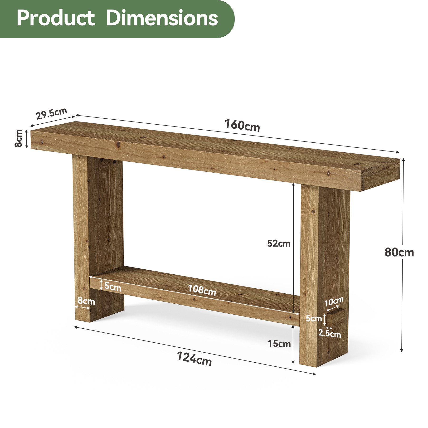 Tribesigns Konsolentisch Schmaler Massivholz Konsolentisch, 2 Stufiger Extra Langer Flurtisch – Bild 5 von 5