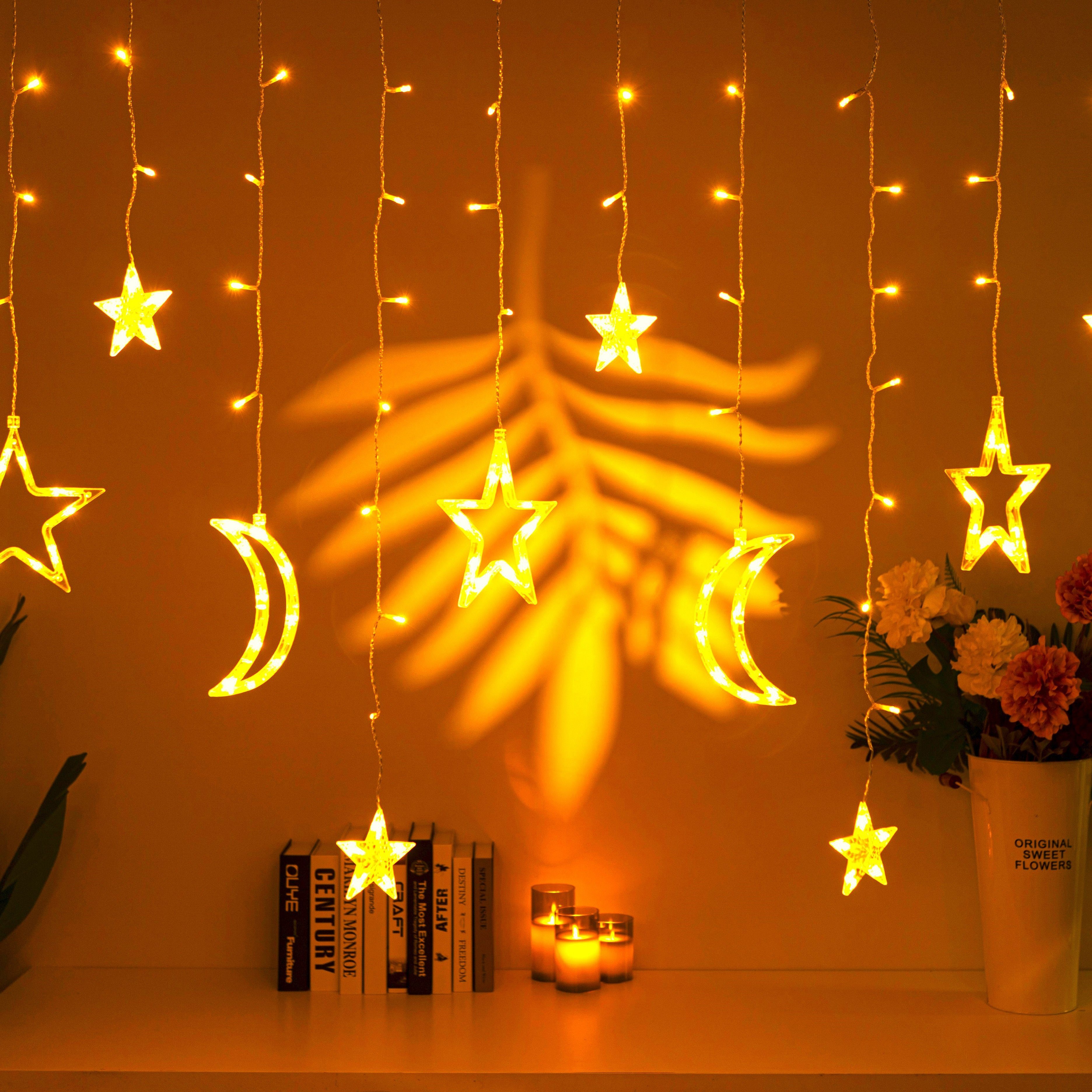 Kleelein LED-Lichterkette LED-Lichterkette,Mond,Sterne,8 Modi,Ramadan,warmweiß,3,5M, 138-flammig, erweiterbar/ GS IP 44 Trafo/ 5M Leitkabel/Innen-außen Bereich