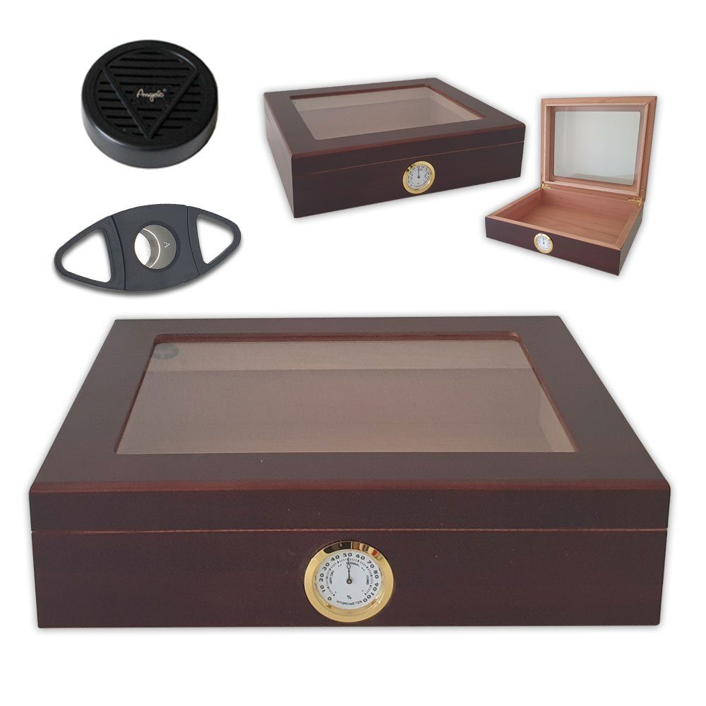 Coumo Humidor Glasdeckel, Humidor Set, für ca. 25 Zigarren, Zigarrenschneider