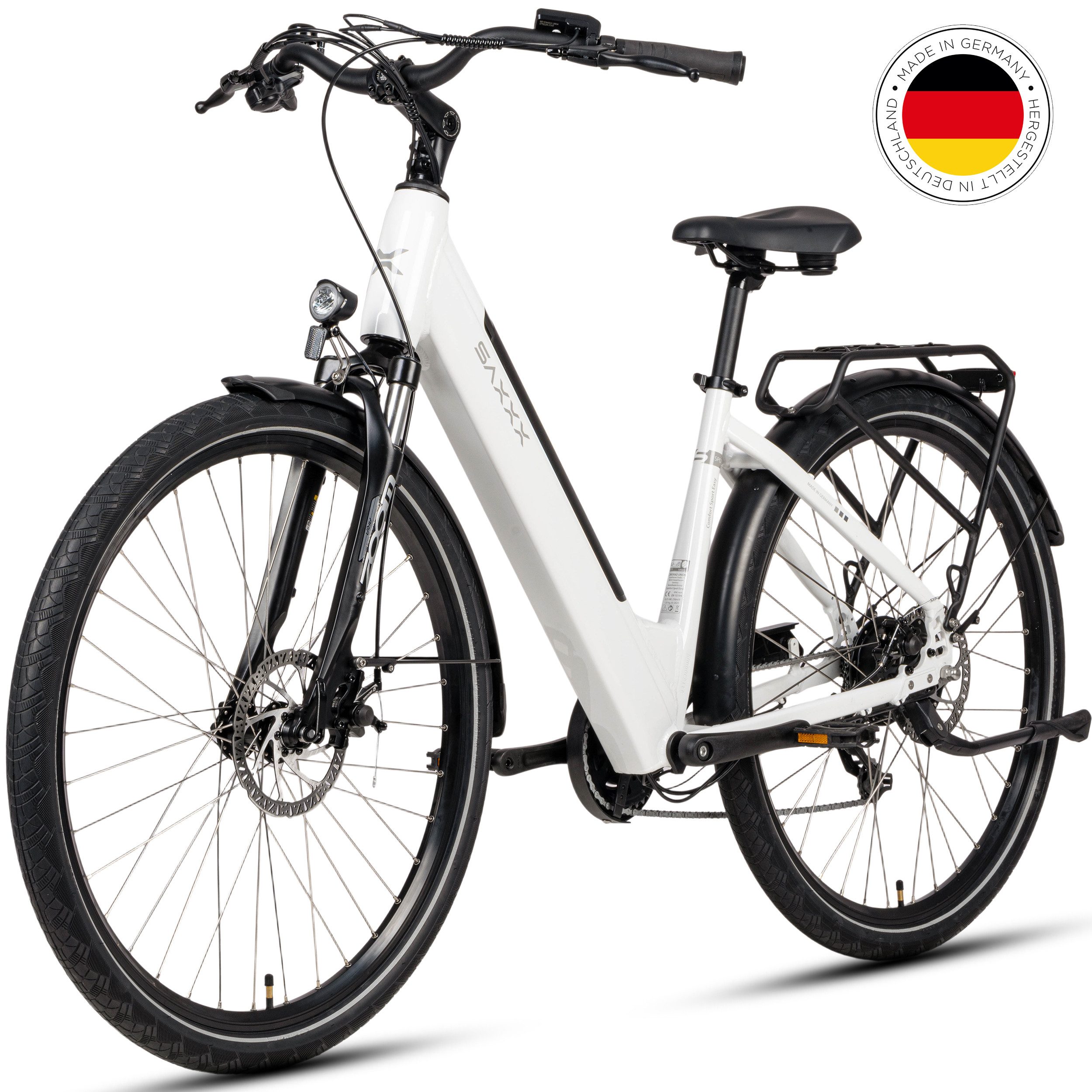SAXXX E-Bike Cityrad 28 Zoll Citybike, für Damen u. Herren, CSE, 468Wh, RH: 45cm, 7 Gang SHIMANO Tourney Schaltwerk, Kettenschaltung, Heckmotor, 468 Wh, (mit Gepäckträger, 95 % vormontiert, mit entnehmbarem Akku), Elektrofahrrad, Pedelec mit Tiefeinsteiger Alurahmen, bis 130kg