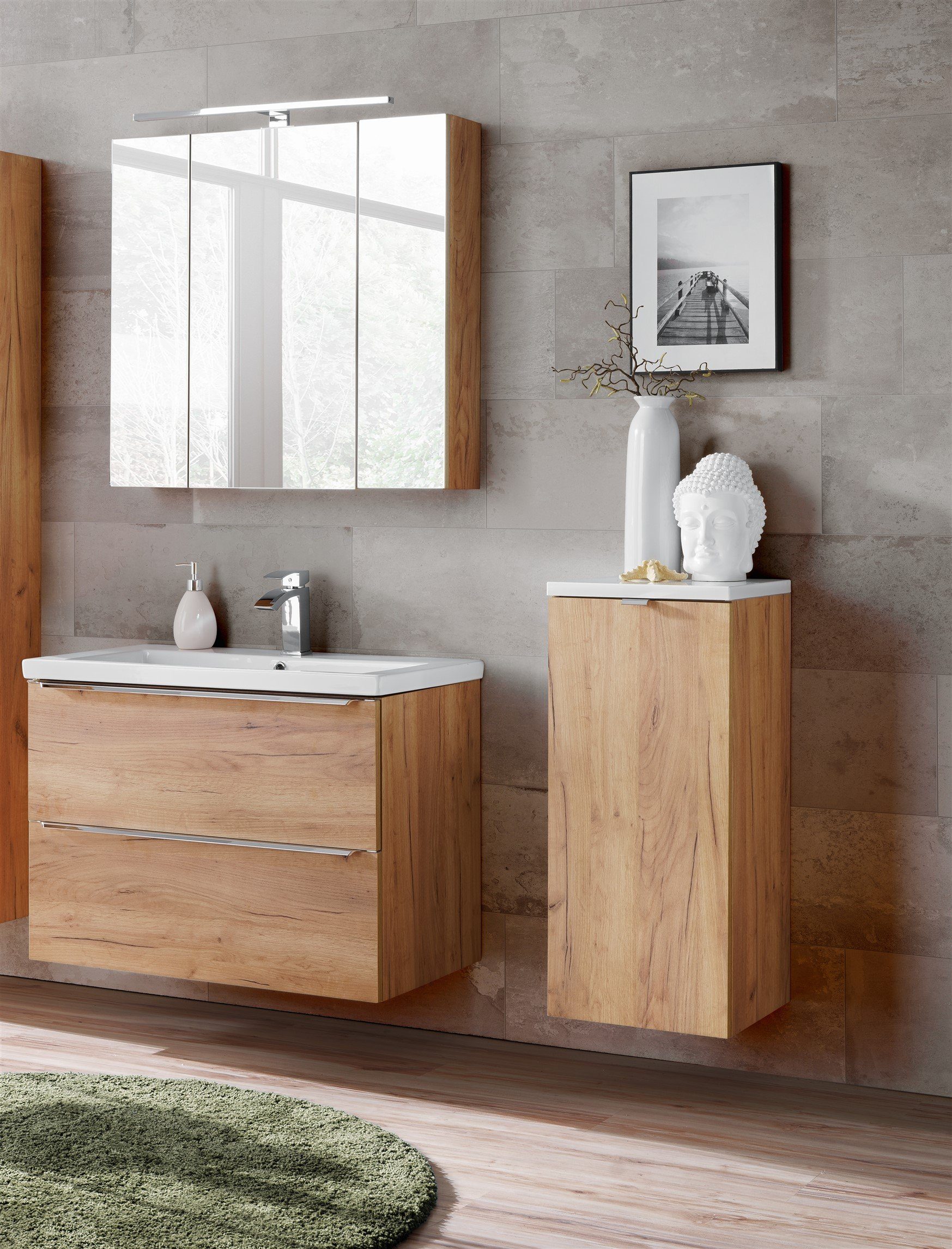 Fun Möbel Badmöbel-Set 4-tlg Badezimmerset PERUGIA Eiche inkl. Waschbecken, (Set, 4-St., Unterschrank 60 o. 80cm, Waschbecken, Hängeschrank, LED-Spiegelschrank), Schubladen und Türen mit Soft-Close-System, Spiegelschrank inkl. LED