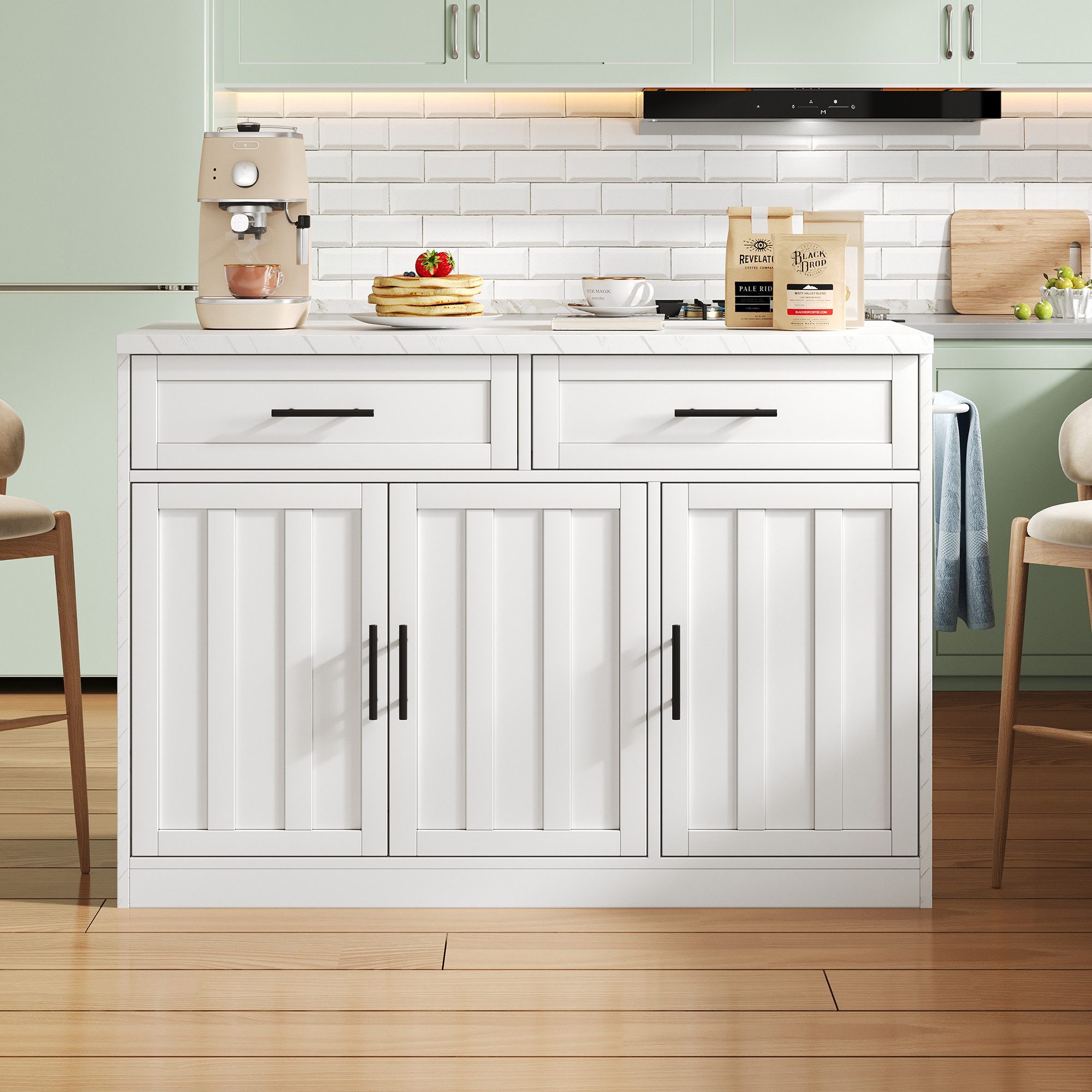 Flieks Kücheninsel mit Steckdosen, USB-Anschlüsse und verstellbare Einlegeböden, (Arbeitsplatte in Marmoroptik, 120x60x91 cm), Küchenschrank Küchenbuffet mit Schubladen und Handtuchhalter Weiß