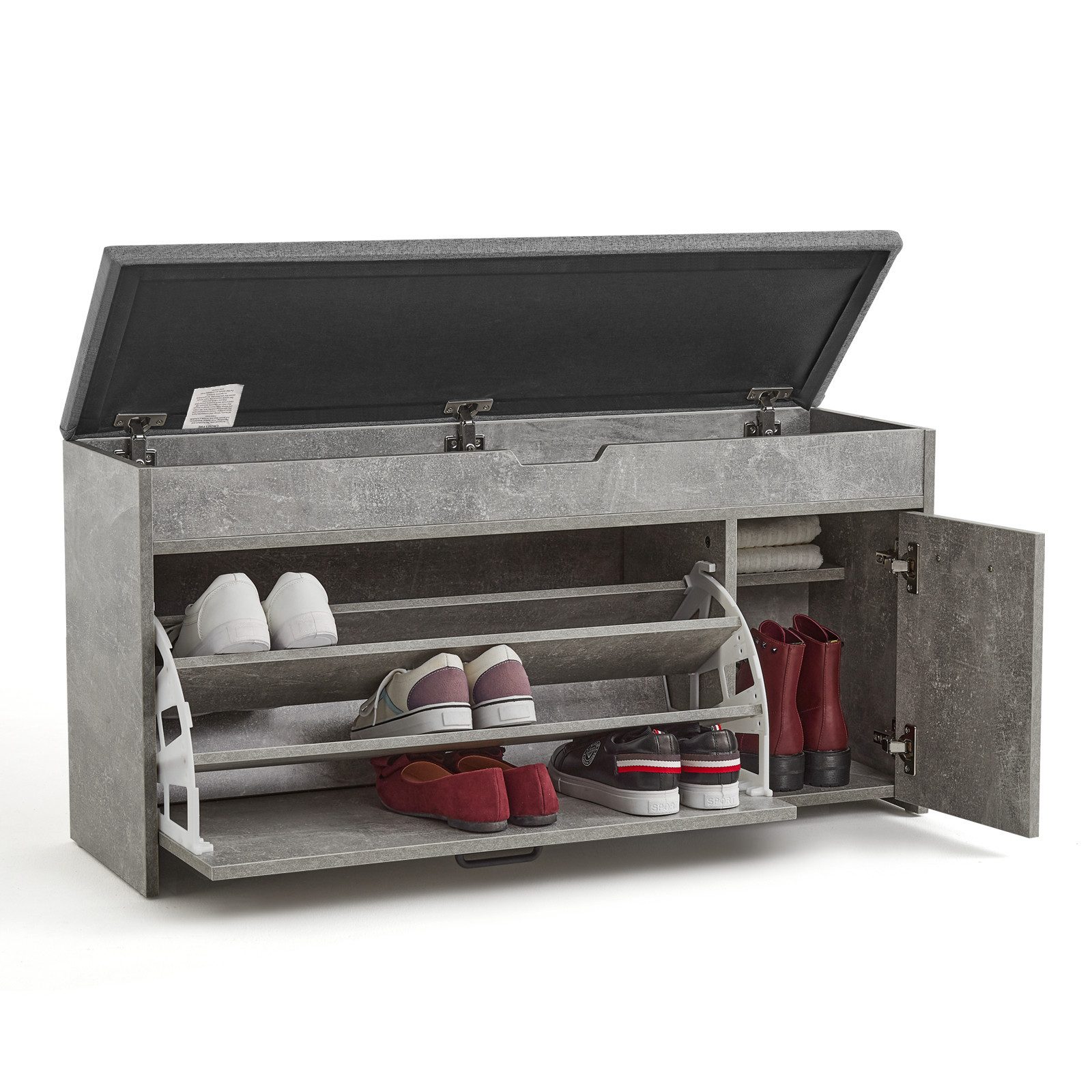 Mondeer Schuhbank Schuhhocker, mit Sitzfläche, mit Klappschublade, 100 x 30 x 52 cm, Weiß + Grau