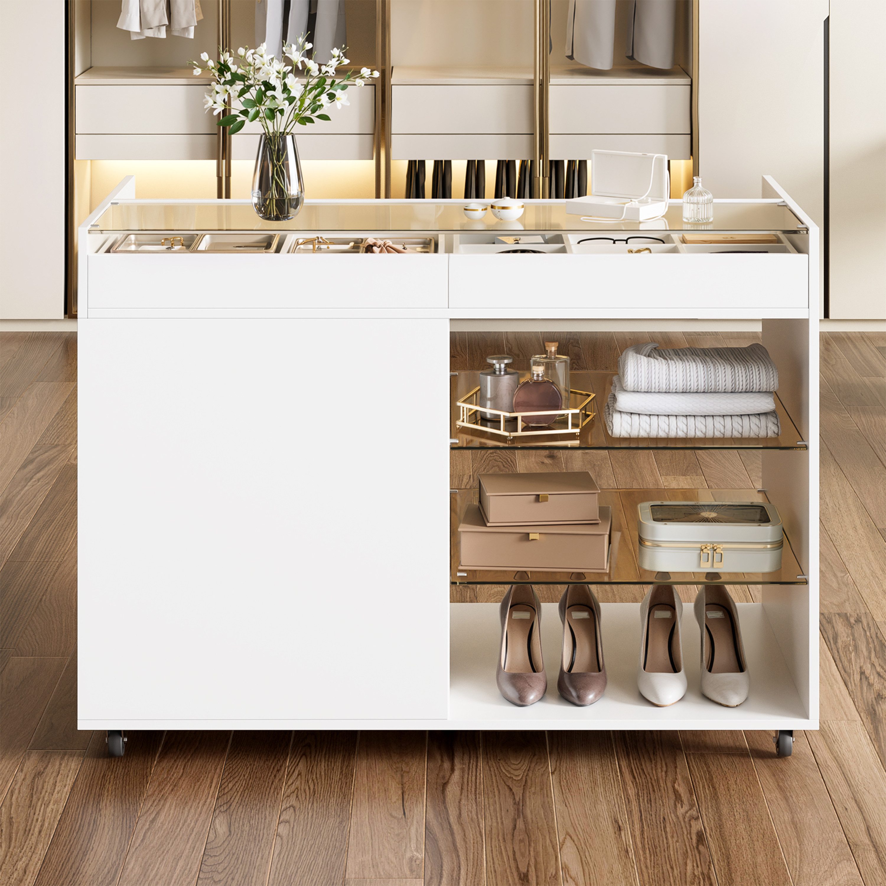 STILVORA Sideboard Glas-Aufbewahrungsschrank mit Lenkrollen für Schlaf-, Ankleidezimmer (Glas-Sideboard mit 5 Schubladen, Fächern, Rollen, Schminktisch, Glasplatte, Spanplatte, Rollen, 110×60×79cm, kratzfest, weiß), für Ankleide, Schmuck, Aufbewahrung, Organisation