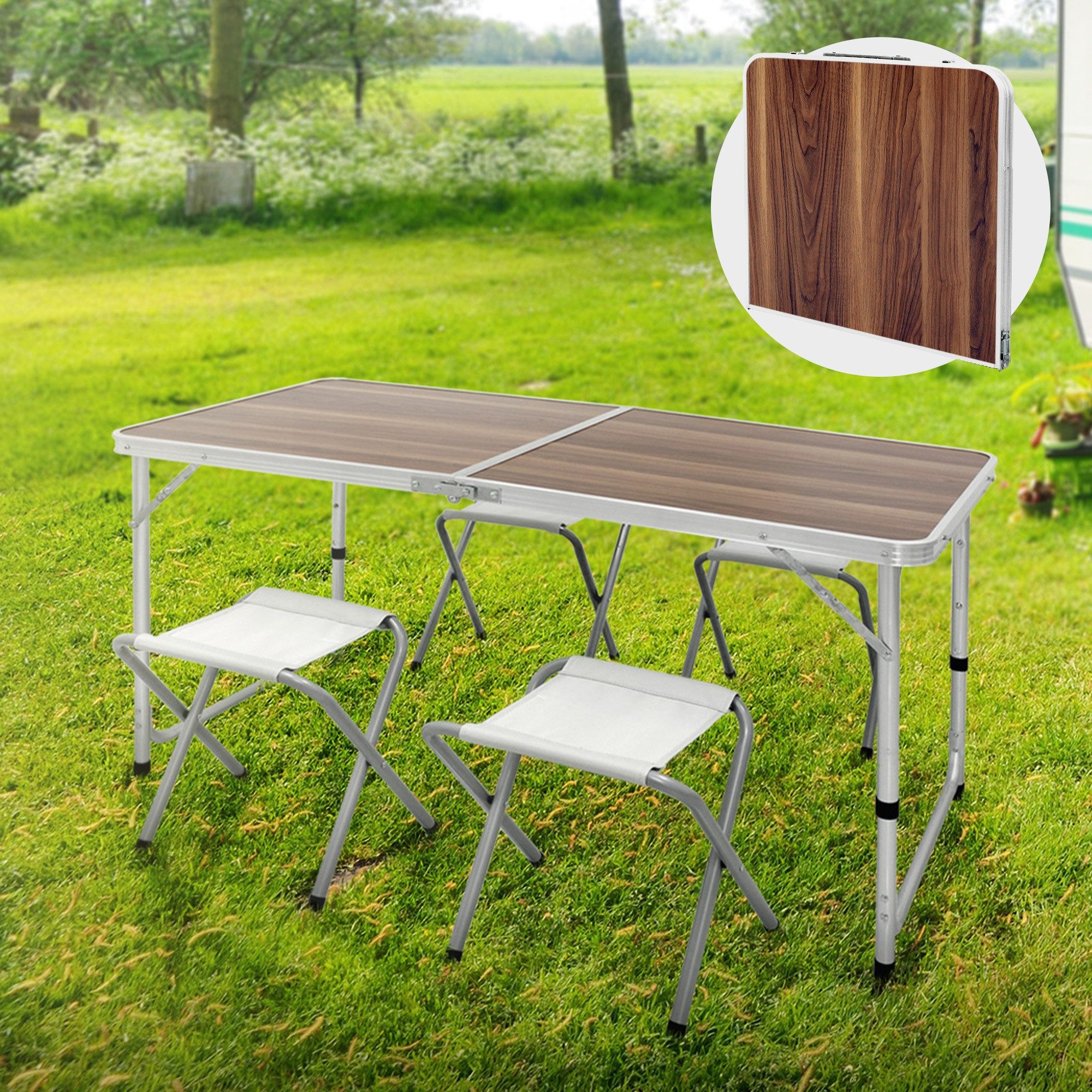 ECD Germany Campingtisch Campingmöbel Set Klappmöbel Klapptisch Falttisch, Braun 120cm mit 4 Hocker Alu-Rahmen MDF