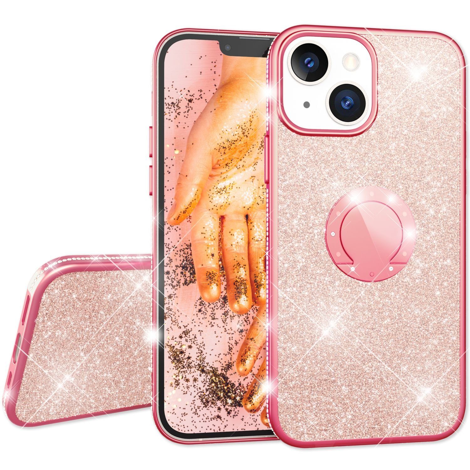 Nalia Smartphone-Hülle Apple iPhone 13, Glitzer Ring Silikon Hülle / 360 Grad Finger-Halter / Standfunktion