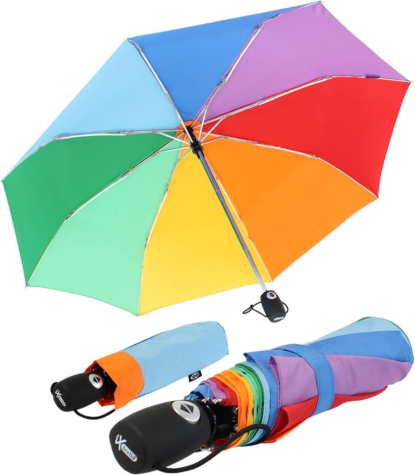 farbenfroh mit leicht Regenbogenschirm iX-brella Taschenregenschirm Mini Auf-Zu-Automatik,