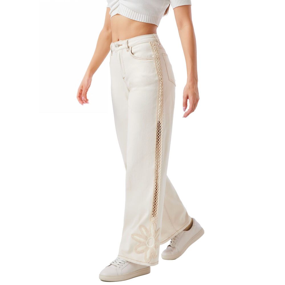 Ital-Design Weite Jeans Damen Hose High Waist Wide Leg mit Zierdetails (91767282) Applikation Stretch High Waist Jeans in Beige
