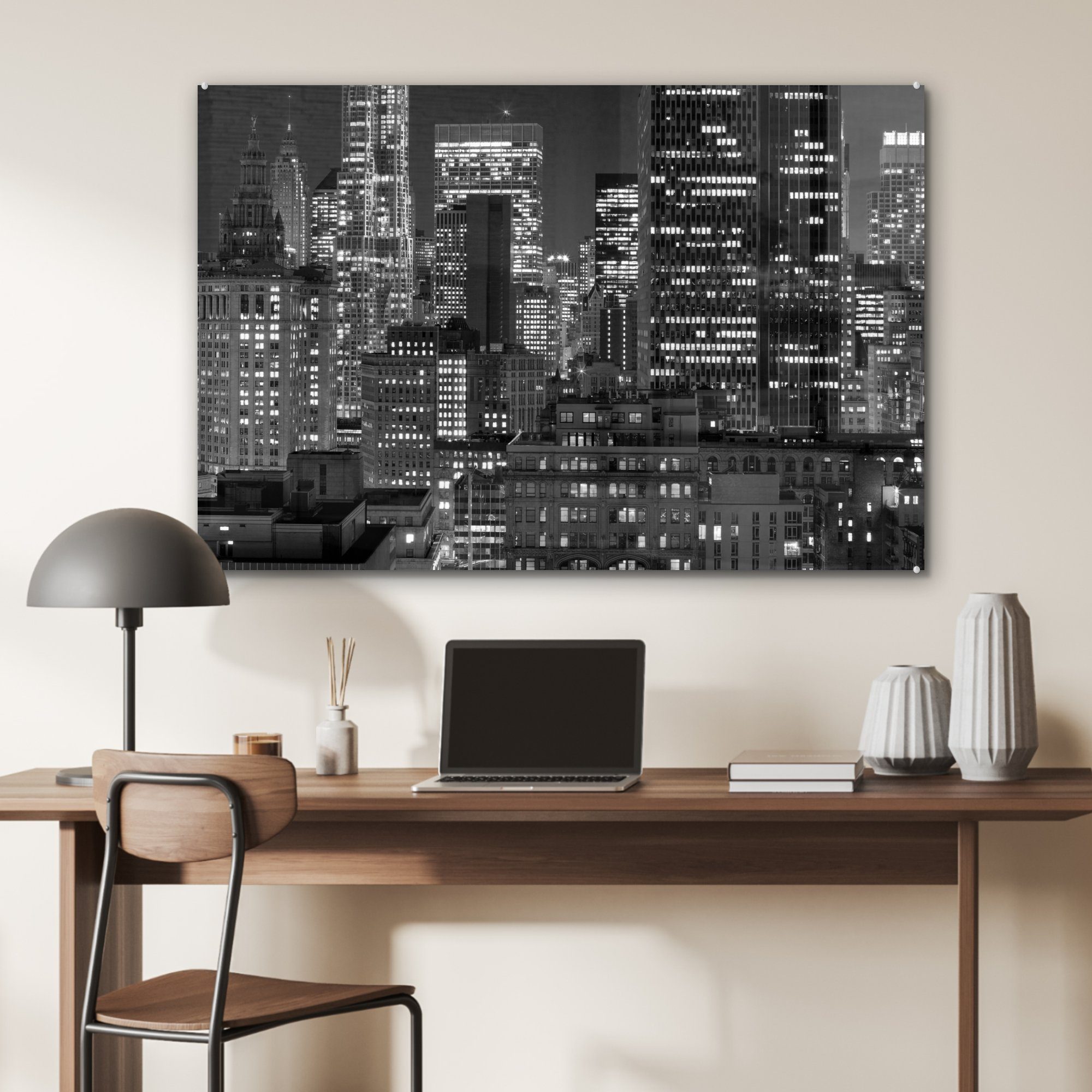 MuchoWow Acrylglasbild Horizont der Schlafzimmer Acrylglasbilder weiß, & schwarz New St), Wohnzimmer und (1 Nacht bei - Stadt York