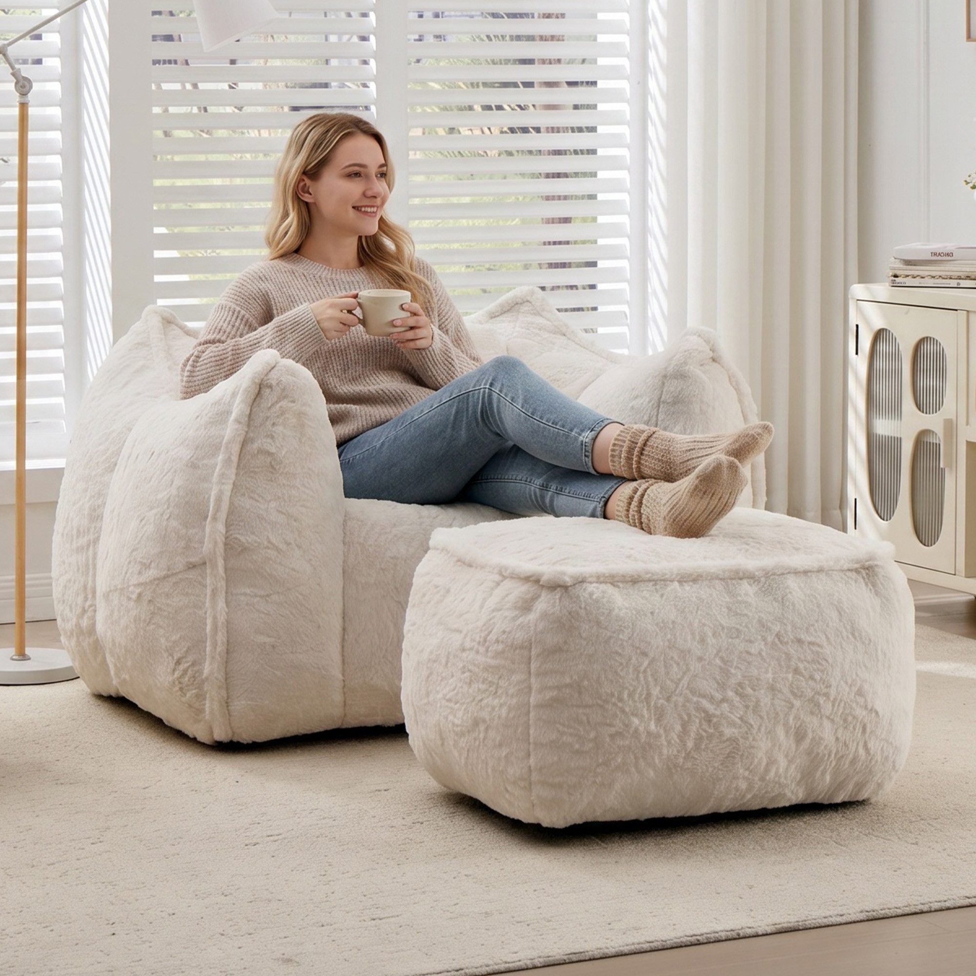 Vankel Relaxliege Sofas Wohnzimmer Loungesessel mit Hocker aus Kunstfell weich, Bean Bag Sessel mit Fußhocker, Schaumstofffüllung & Komfort