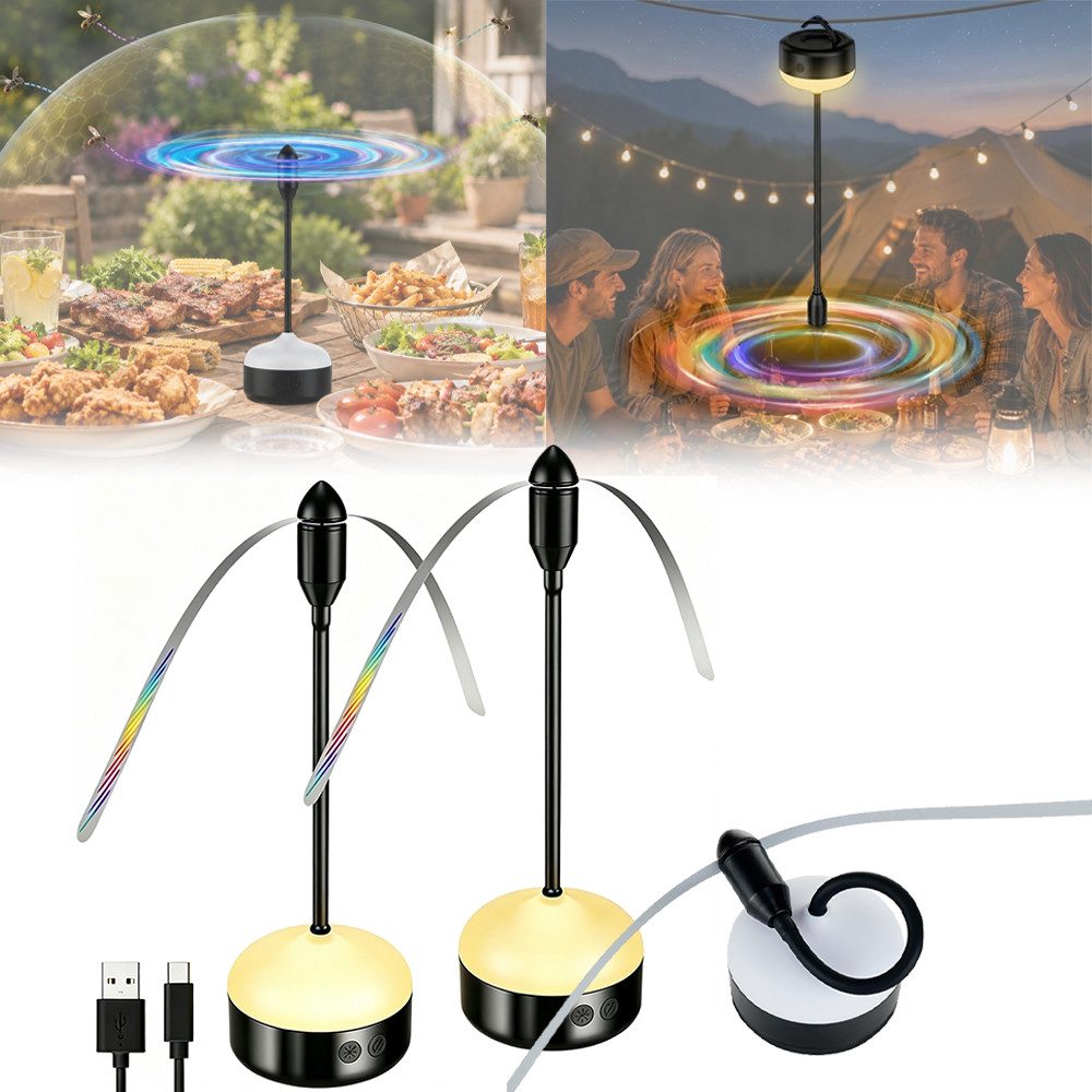 PRIISF Fliegenwedler Fliegenabwehr Akku LED Tischlampe Fliegenvertreiber Fliegenventilator, Fliegenwedler Tragbarer Aufhäng Insekten Ventilator Fliegenschreck, Mückenschutz Ventilator mit LED-Beleuchtung für Tisch wiederaufladbar, Elektrischer Insektenschutz für Camping Party Restaurant Grillabende