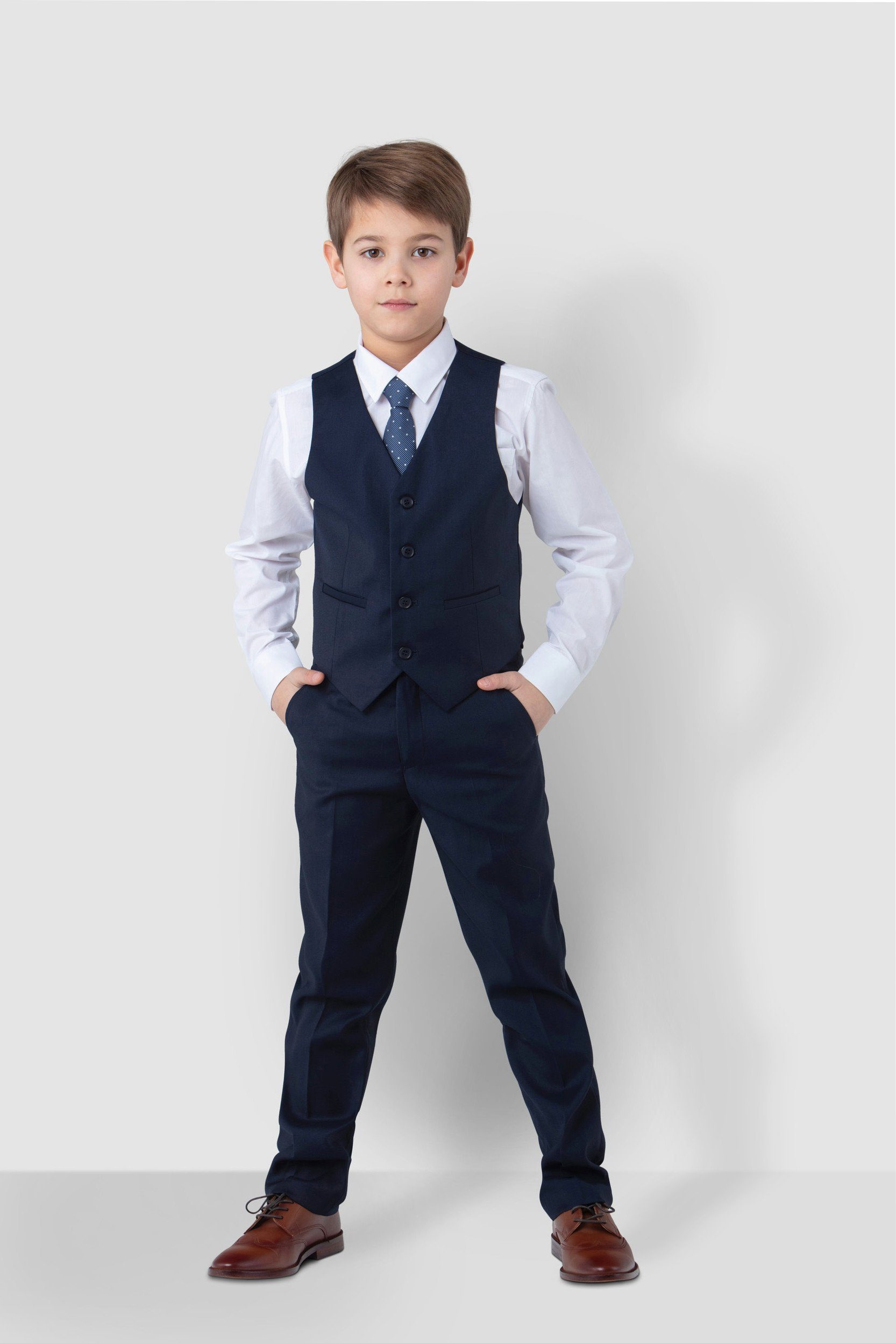 Krawatte) und Melli-Trends Hose Kinderanzug Luxuriöser Weste, Jungen elegant blau Anzug festlich, Kommunionanzug 4-teilig (Hemd,