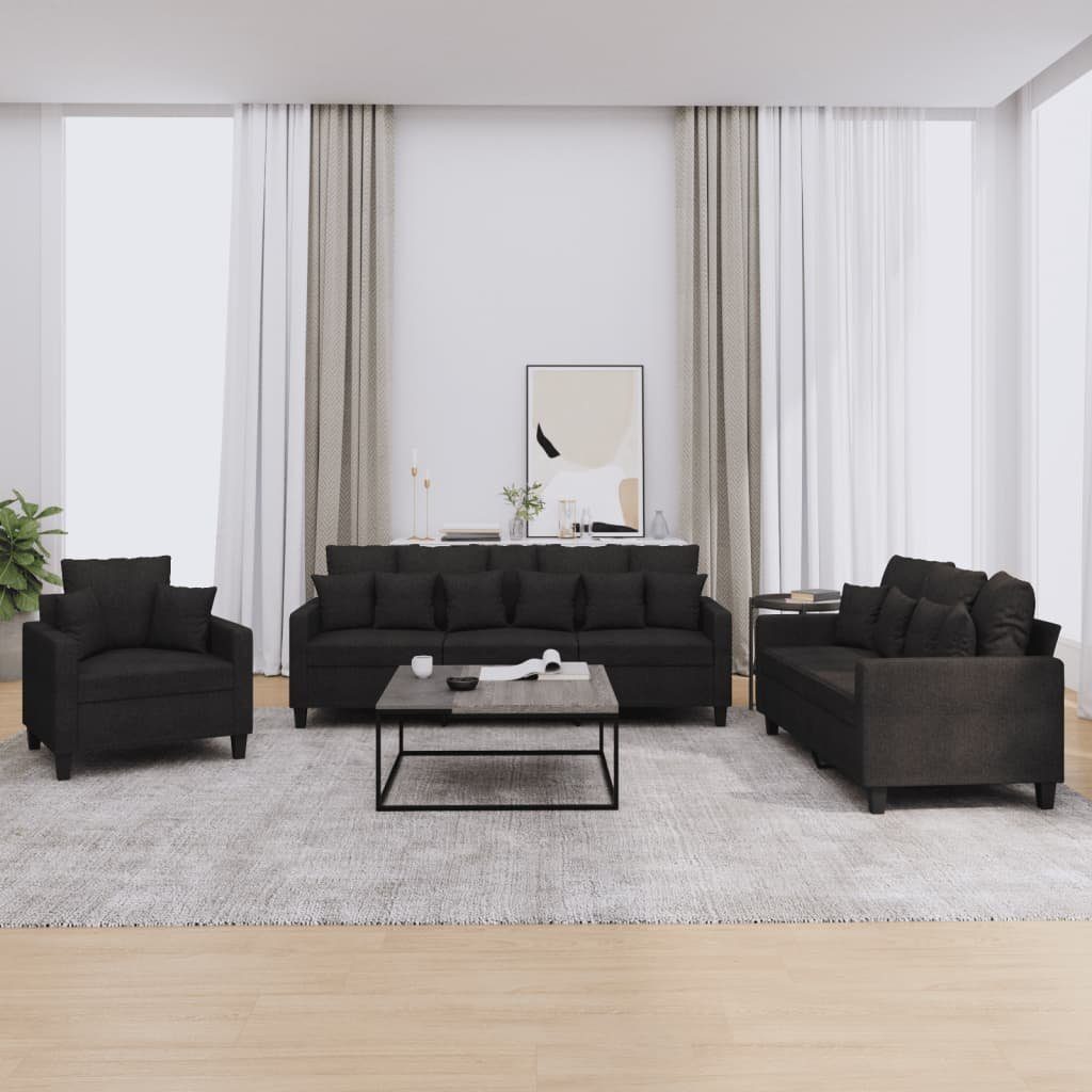 vidaXL Sofa 3-tlg. Sofagarnitur mit Kissen Schwarz Stoff