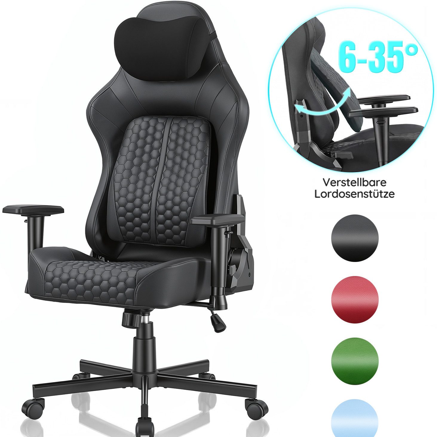 HOMALL Gaming-Stuhl gaming stuhl,mit verstellbarer Lendenstütze 6°-35°, 2D-Armlehnen,Rückenlehne 90°-135° verstellbar,150kg Belastbarkeit