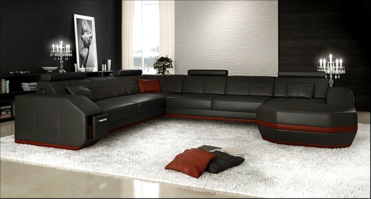 Schwarz/Braun JVmoebel Wohnlandschaft Form Garnitur Sitz couchen+USB Eck U Ecksofa Couch Sofa Leder