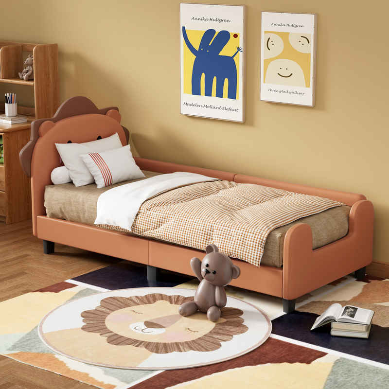 Flieks Kinderbett, Löwenform Einzelbett Polsterbett 90x200cm Kunstleder Bezug ​​Orange