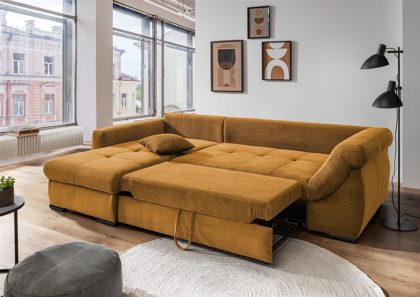 freiraum Polsterecke Felicia, Schlaffunktion, Stauraum, Cord gold - 302x89x188cm (BxHxT)