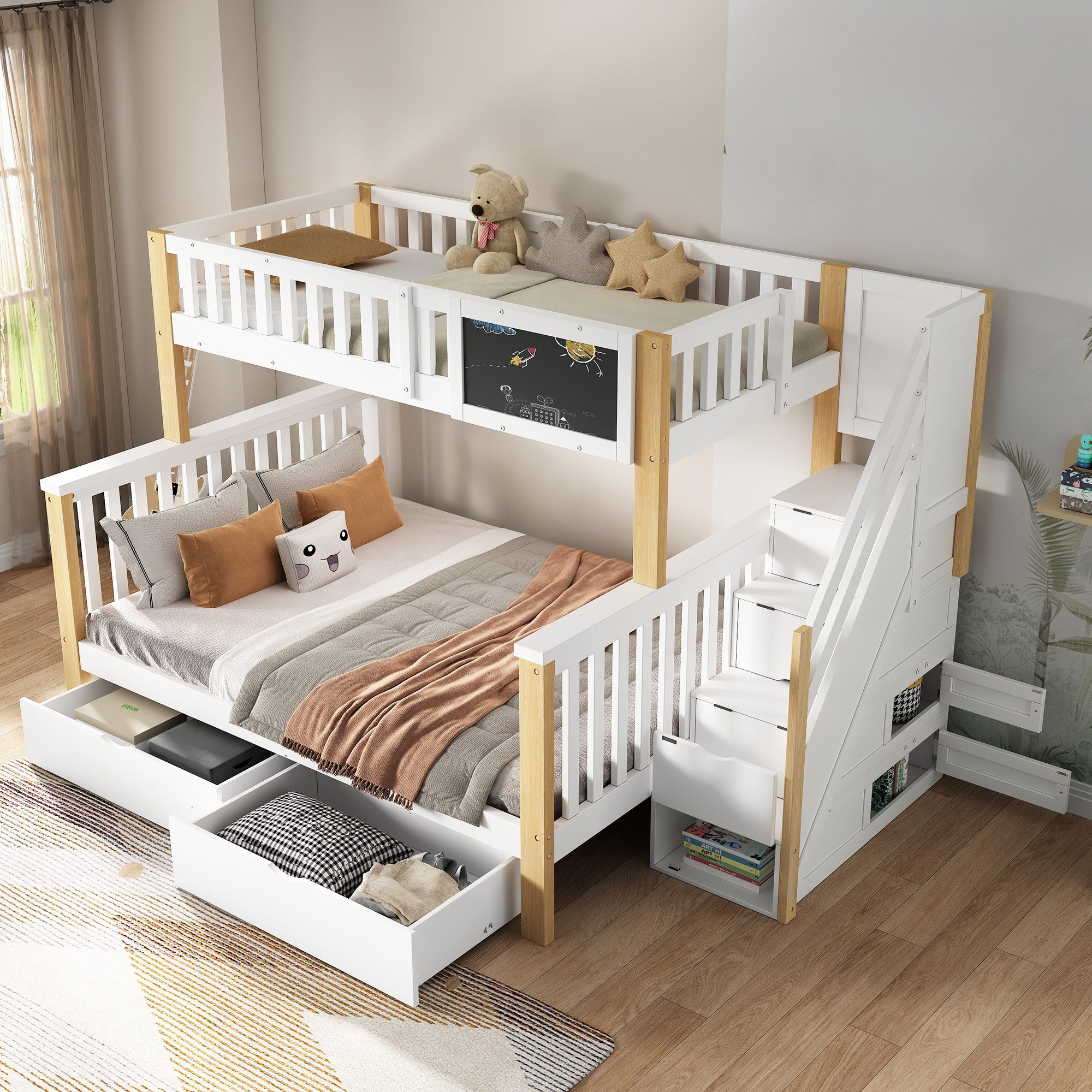 Flieks Etagenbett, Kinderbett mit Tafel Treppe günstig online kaufen