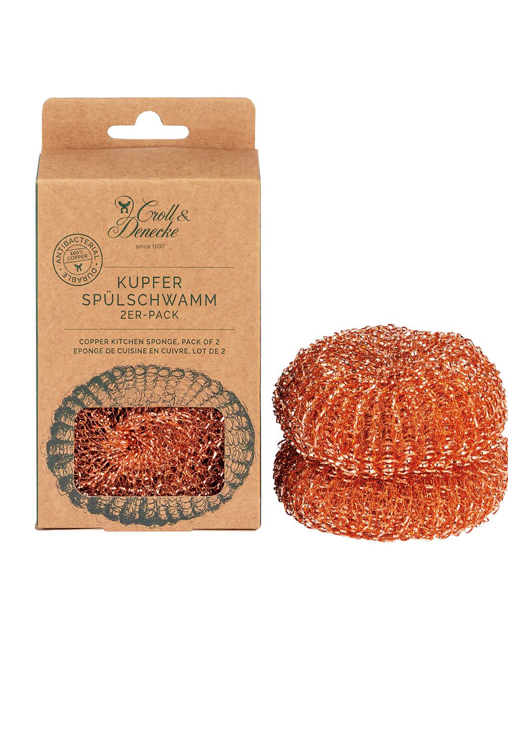Croll & Denecke Reinigungsschwamm Kupfer Spülschwamm, 2er-Set Kupfer Spülschwamm