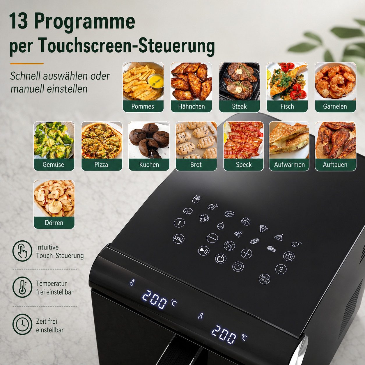Ledklang Heißluftfritteuse 2 Kammern XXL 11L Gesamtvolumen 13-in-1 programme Air fryer Schwarz, 2800 W, getrennter Temperatur Zeiteinstellung für Beilagen gleic – Bild 4 von 5
