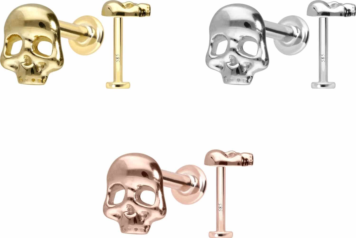 PIERCINGLINE Piercing-Set 14 Karat Gold Labret mit Innengewinde TOTENKOPF (Labrets, 1-tlg)