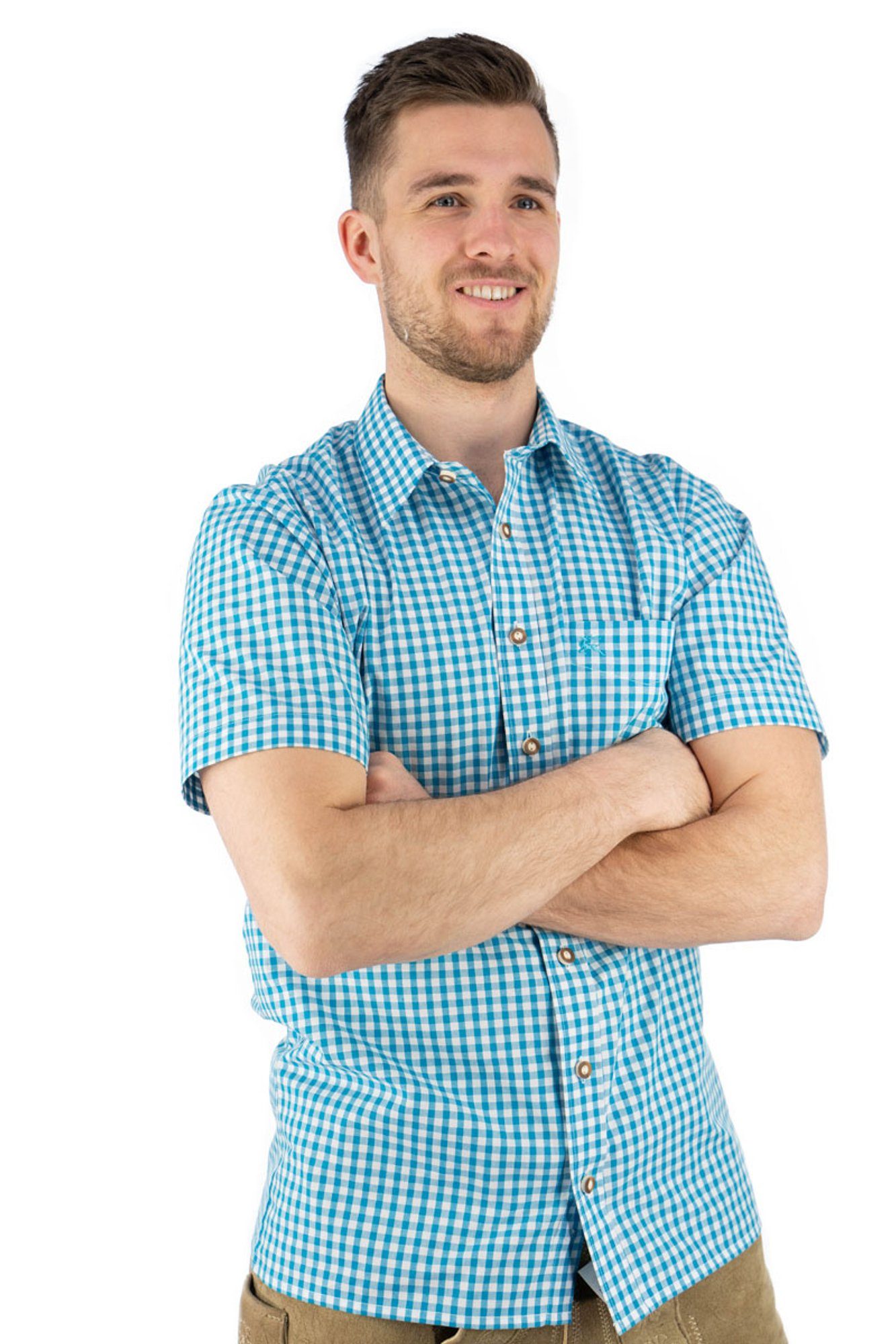OS-Trachten Trachtenhemd Zihul Kurzarmhemd mit aufgesetzter Brusttasche mit Hirsch-Stickerei türkis