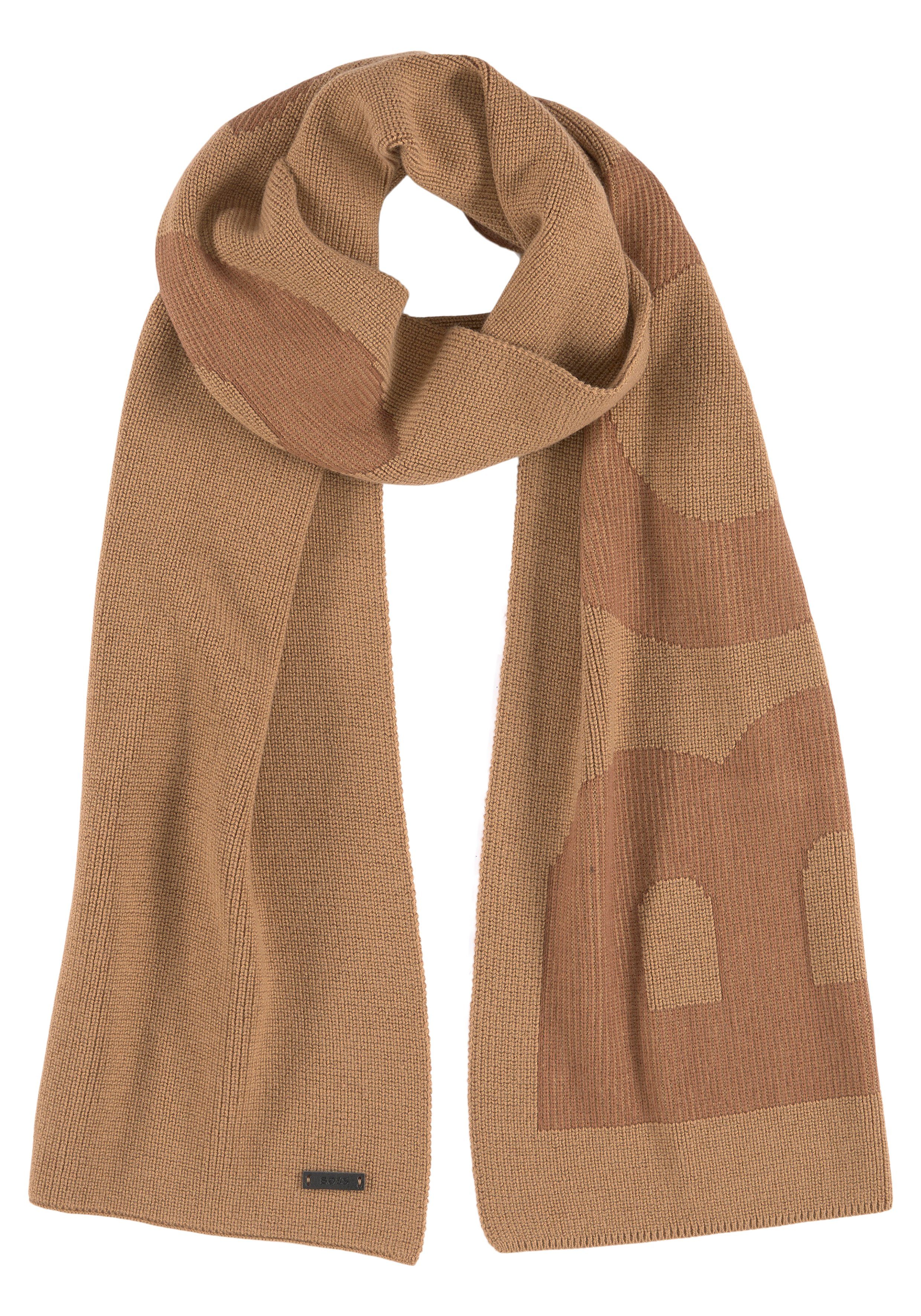 aus Strickschal und kontrastfarbener Logostickerei beige Schal BOSS mit Baumwolle Lamico_Scarf, Wolle