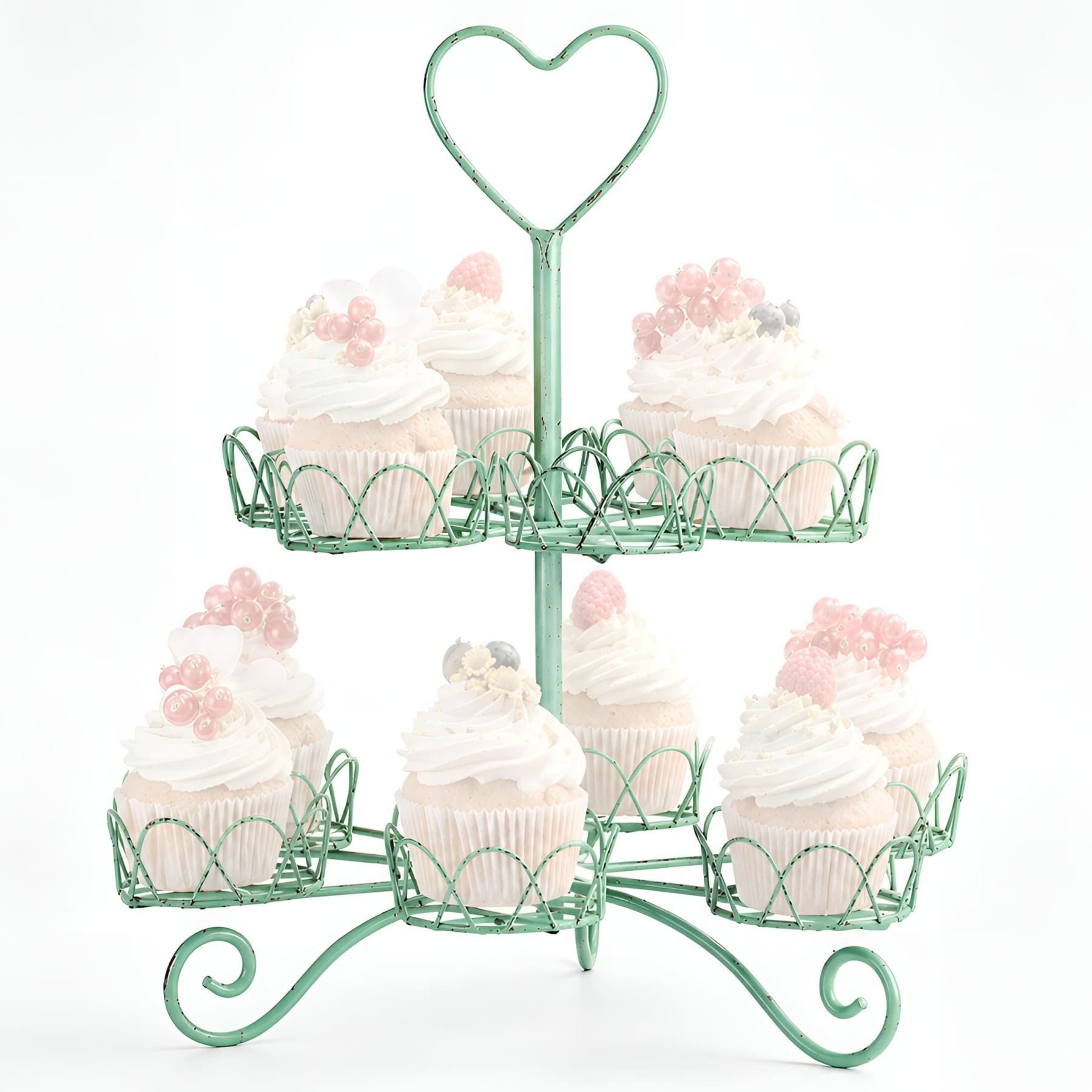 Dekoleidenschaft Etagere "Vintage" Metall Cupcake Ständer grün, Muffin Ständer, 2 Etagen für 12, Törtchen, mit Antik Finish