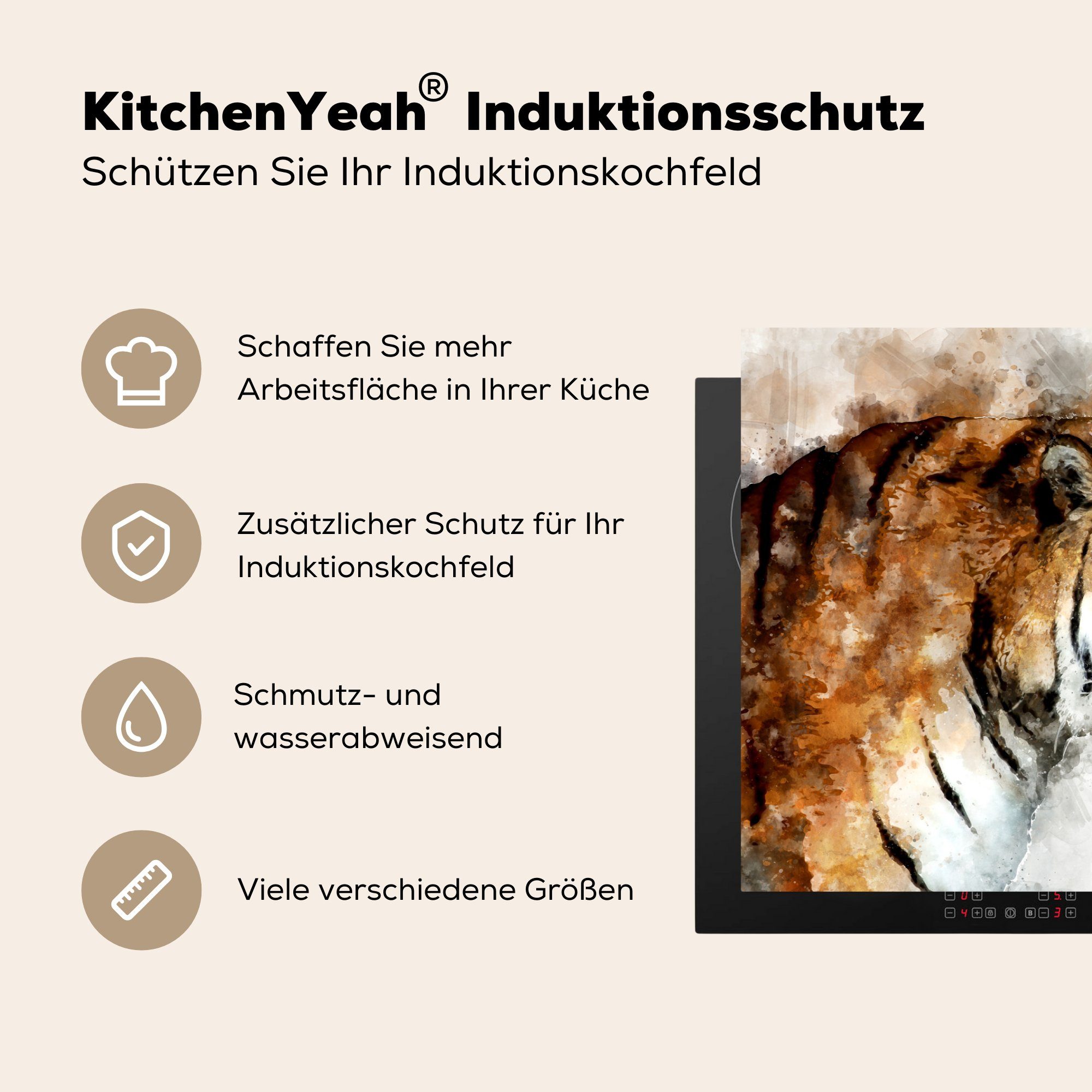MuchoWow Herdblende-/Abdeckplatte Tiger - Ceranfeldabdeckung - tlg), küche, (1 Schutz Augen 81x52 für Induktionskochfeld die Vinyl, Gemälde, cm