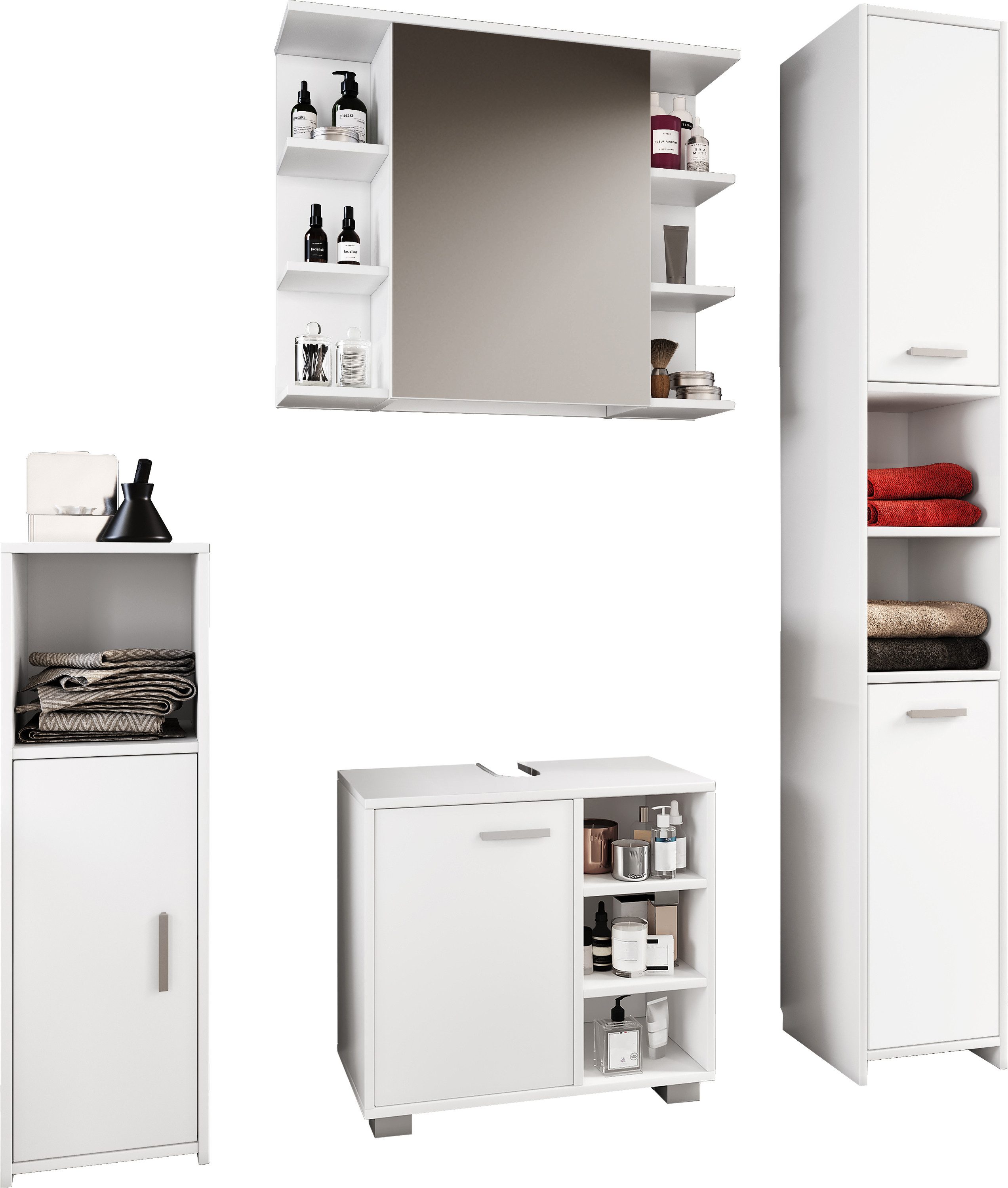 VCM Badmöbel-Set 4 teilig Bad Komplettset Zalo, (Komplett-Set, 4-St., 1x Spiegelschrank 1x Midischrank 1x Unterschrank 1x Hochschrank)