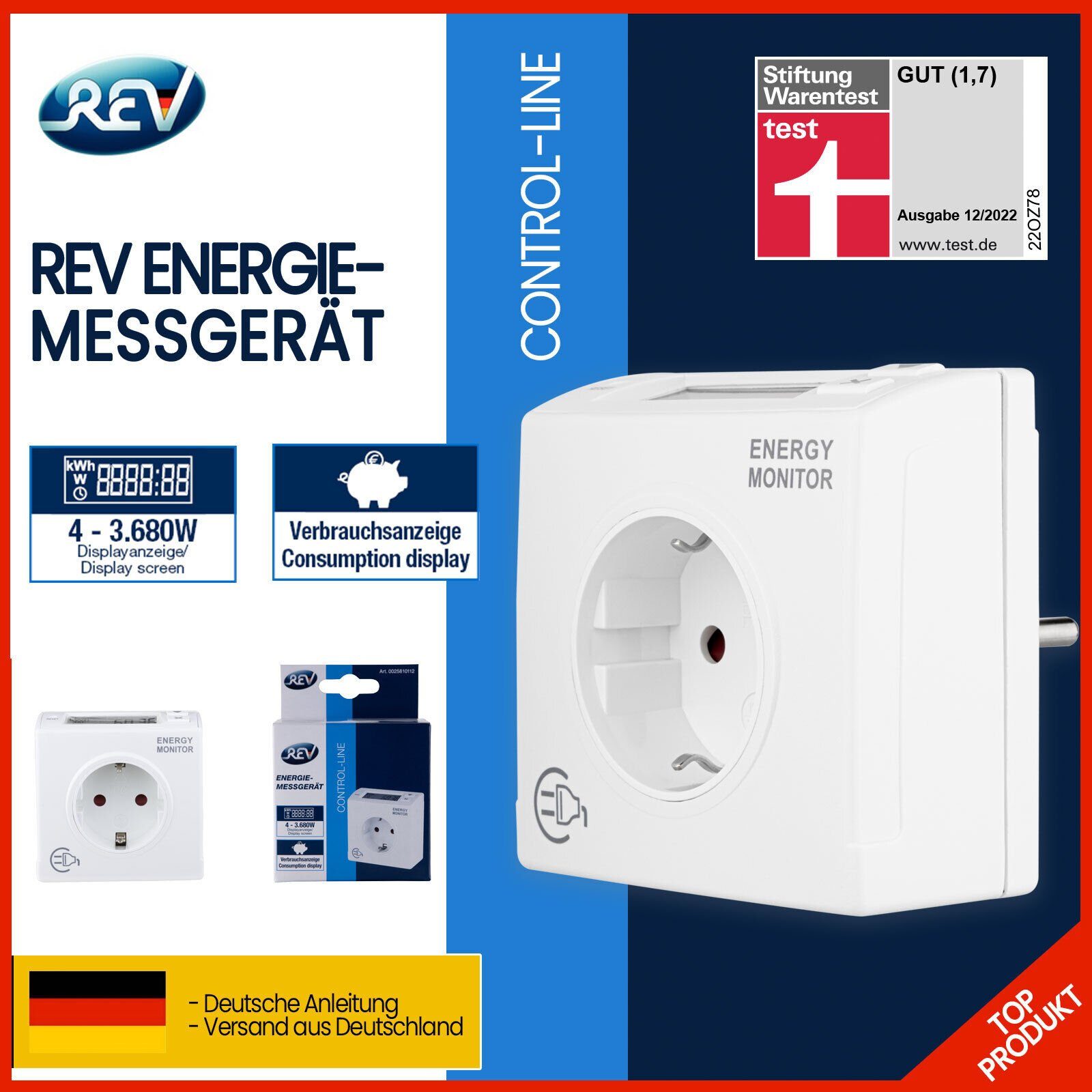 REV Strommessgerät - messen Sie Ihren Stromverbrauch, Stromzähler für Steckdose, Ausgezeichnet von Stiftung Warentest mit Note 1,7 weiß