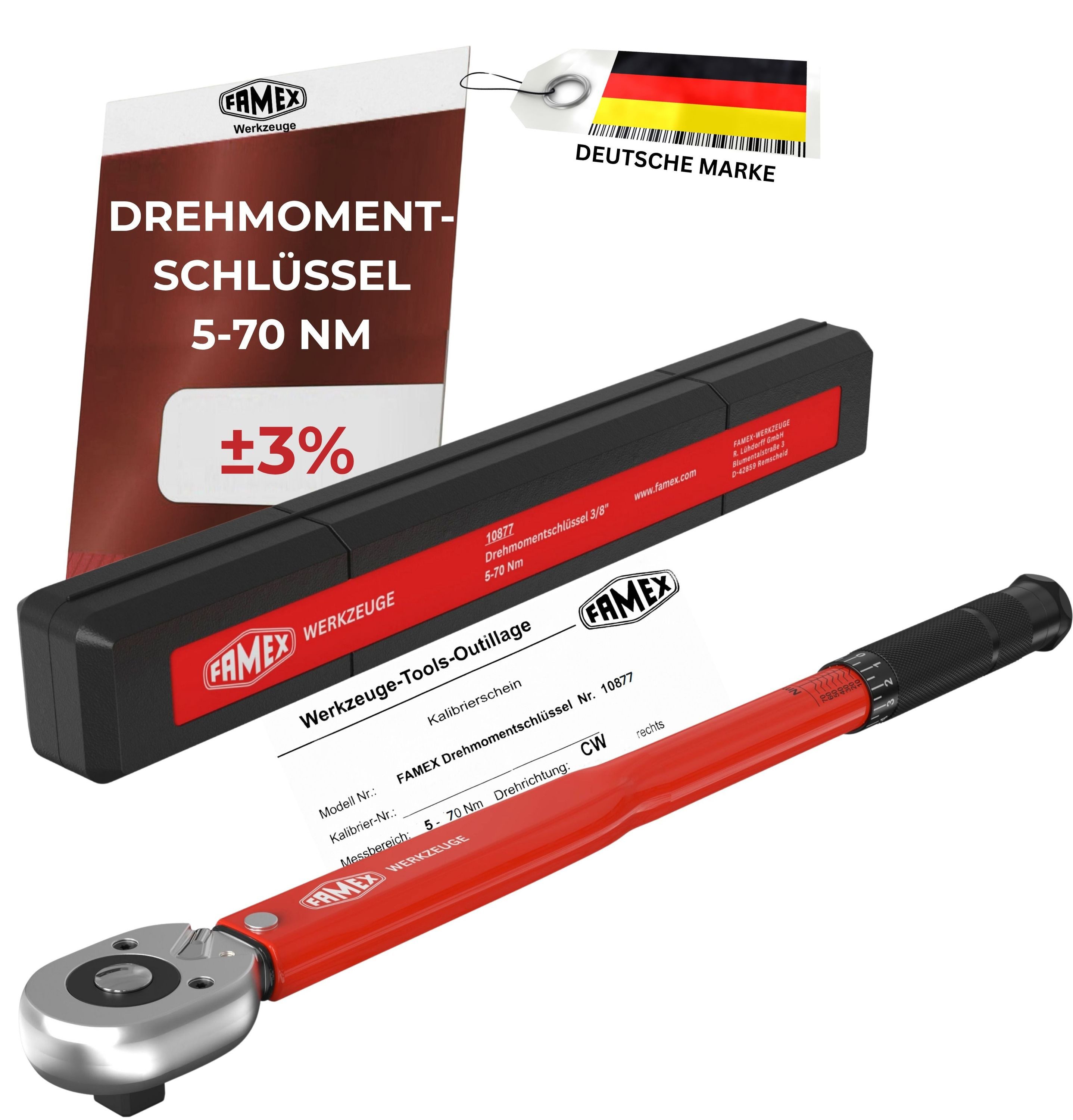 FAMEX Drehmomentschlüssel 10877 Drehmoment Schlüssel 3/8 Zoll (auf ±3% kalibriert, Auto), mit Kalibrierschein, 5-70 Nm, Motorrad