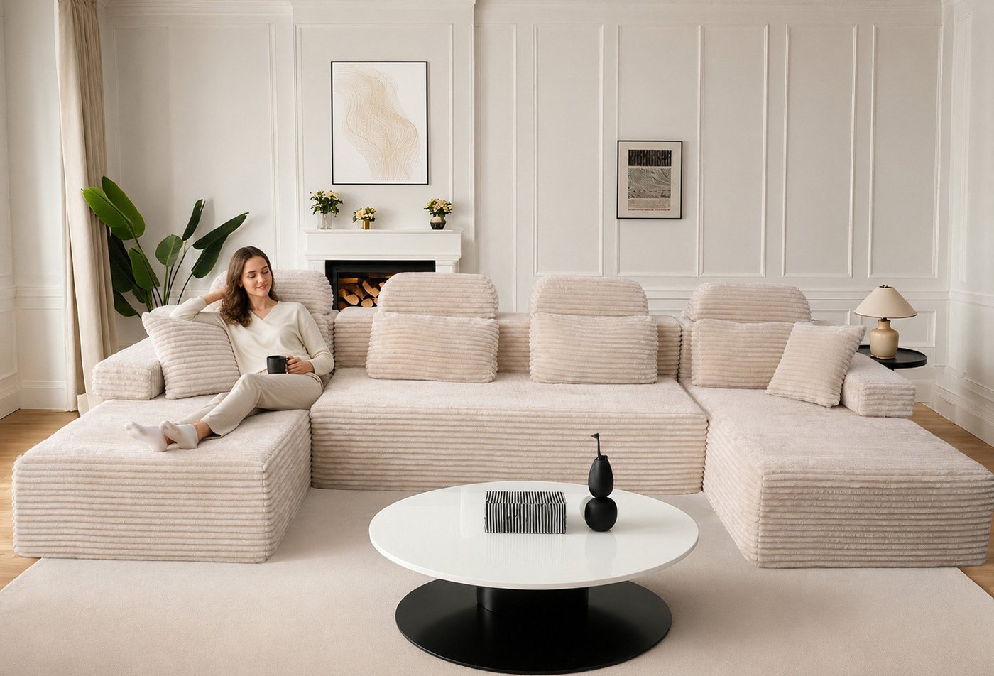Patbrela Wohnlandschaft 3-Sitzer mit Longchair, Weiches Lederoptik Wolkensofa für Wohnzimmer, Mit bequemer Memory-Schaum-Polsterung, keine Montage erforderlich