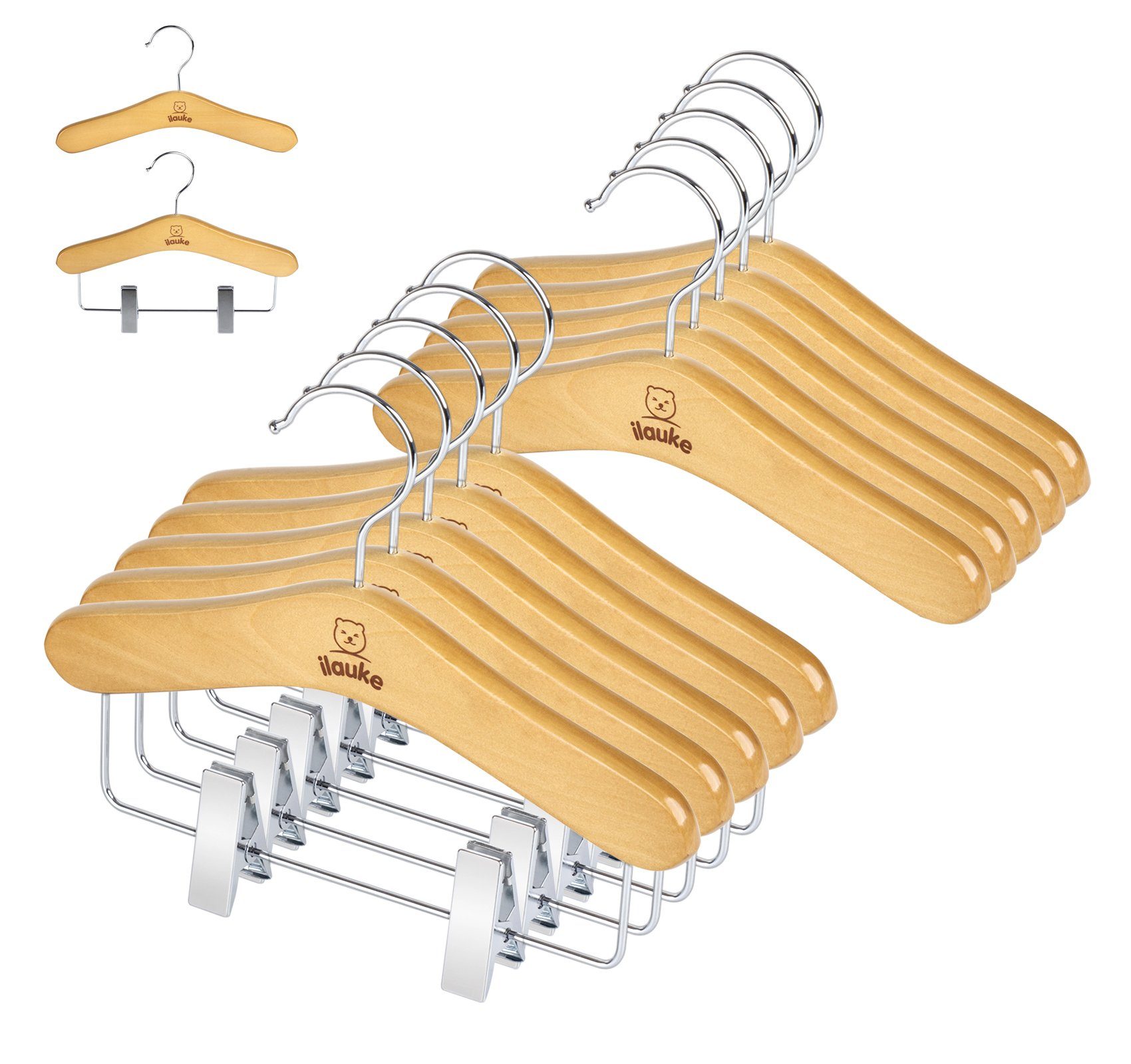 Naturholzfarbe 360° Holz Hosenbügel & Mit Clips, Baby Homewit Einschnitt drehbarer mit (Set), und Kinderkleidung 12tlg für Kinderkleiderbügel und Baby Hosensteg Kleiderbügel Haken