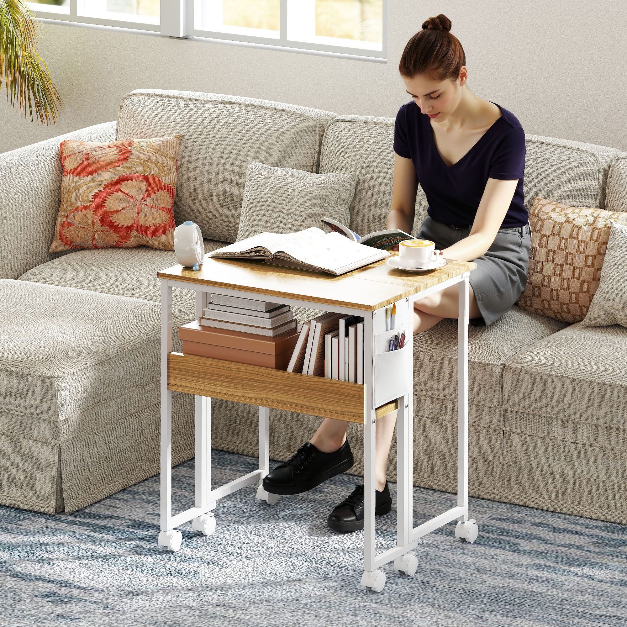 HOMCOM Schreibtisch Klappbar Kleiner 63 cm mit Rollen (Klappschreibtisch, 1-St., Platzsparend Computertisch), mit Regal, Aufbewahrungstasche, für Home Office, Natur