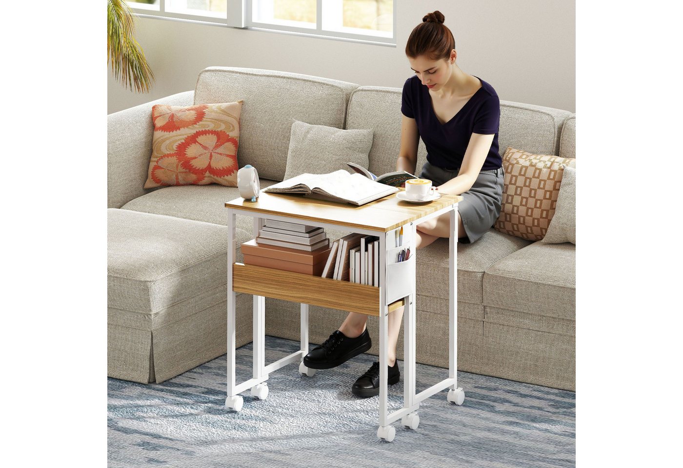 HOMCOM Schreibtisch Klappbar Kleiner 63 cm mit Rollen (Klappschreibtisch, 1-St., Platzsparend Computertisch), mit Regal, Aufbewahrungstasche, für Home Office, Natur