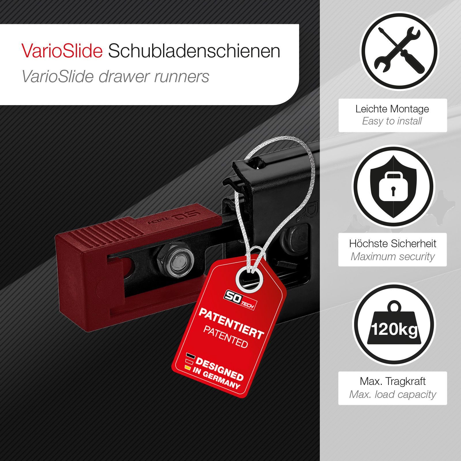 SO-TECH® Auszug Schwerlastauszug VarioSlide 120 Kg mit Lock in/out schwarz, KV1-120-H58-L1100-EH 1100 mm (nicht trennbar) Hebel rot