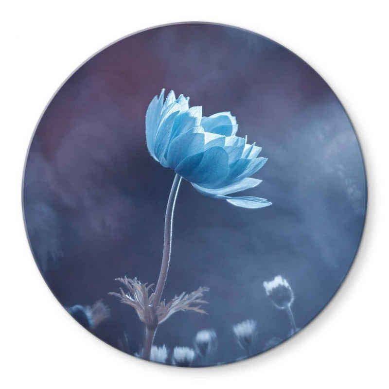 K&L Wall Art Gemälde Glas Wandbild Rund Glasbild Königsblau floral Bravin Blume, Wandschutz Deko Bilder