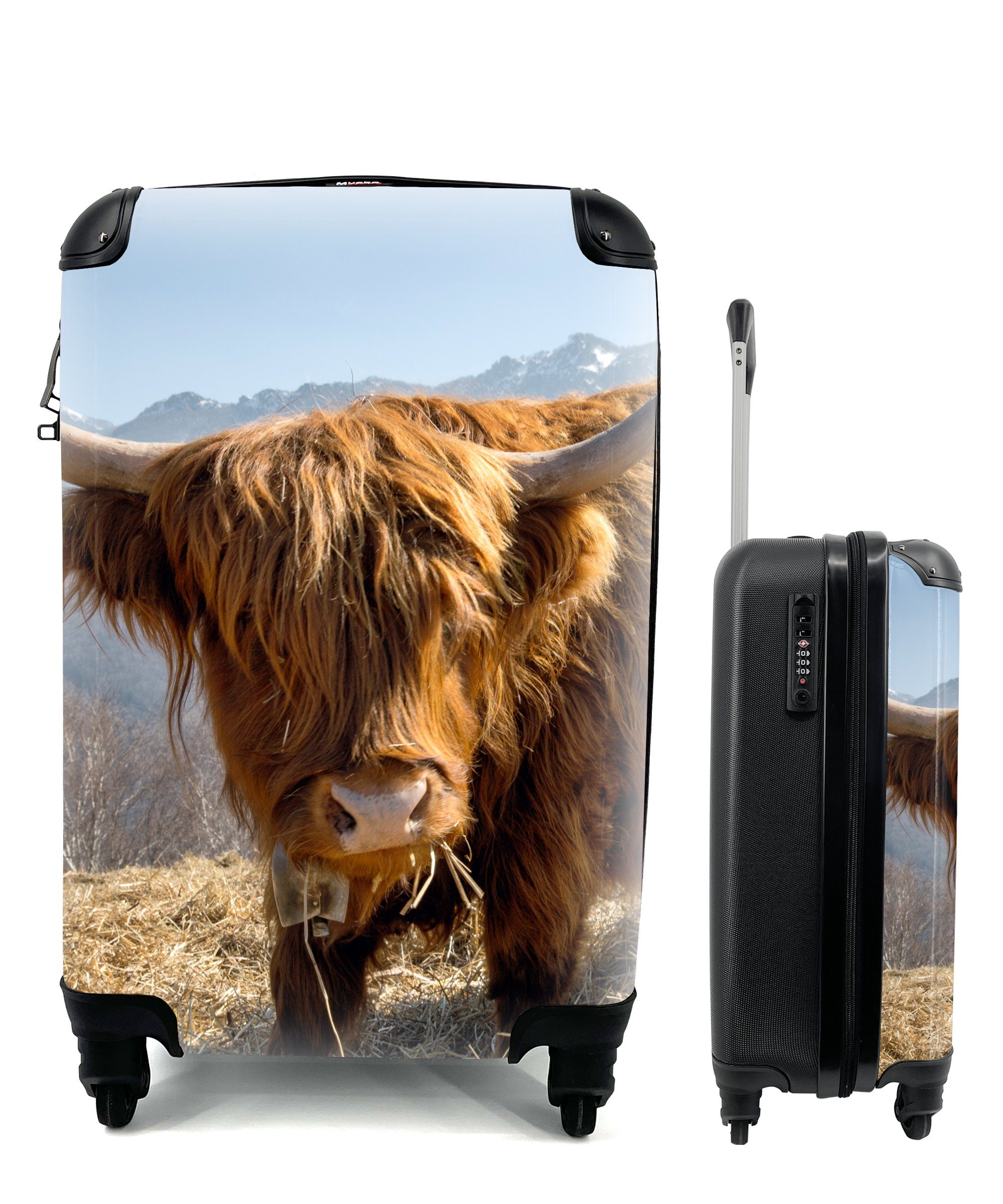 Handgepäck Highlander für Ferien, Reisekoffer mit - MuchoWow Rollen, - 4 Berg rollen, Schottischer Handgepäckkoffer Trolley, Reisetasche Schnee,