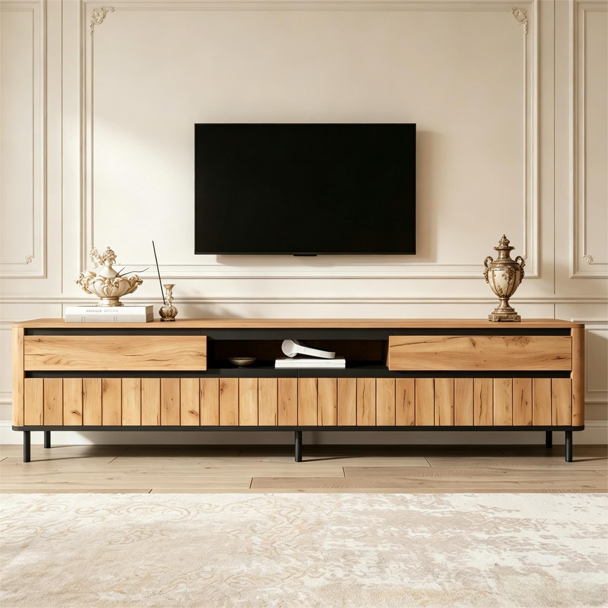 KLAM HOME Lowboard Moderner TV-Schrank 180cm Natur/Schwarz mit Schubladen & Türen (TV Lowboard für 75-Zoll-Geräte mit Metallfüßen und Saugroboter-Abstand), Stauraumreiches Unterhaltungszentrum aus MDF mit Lamellenfront