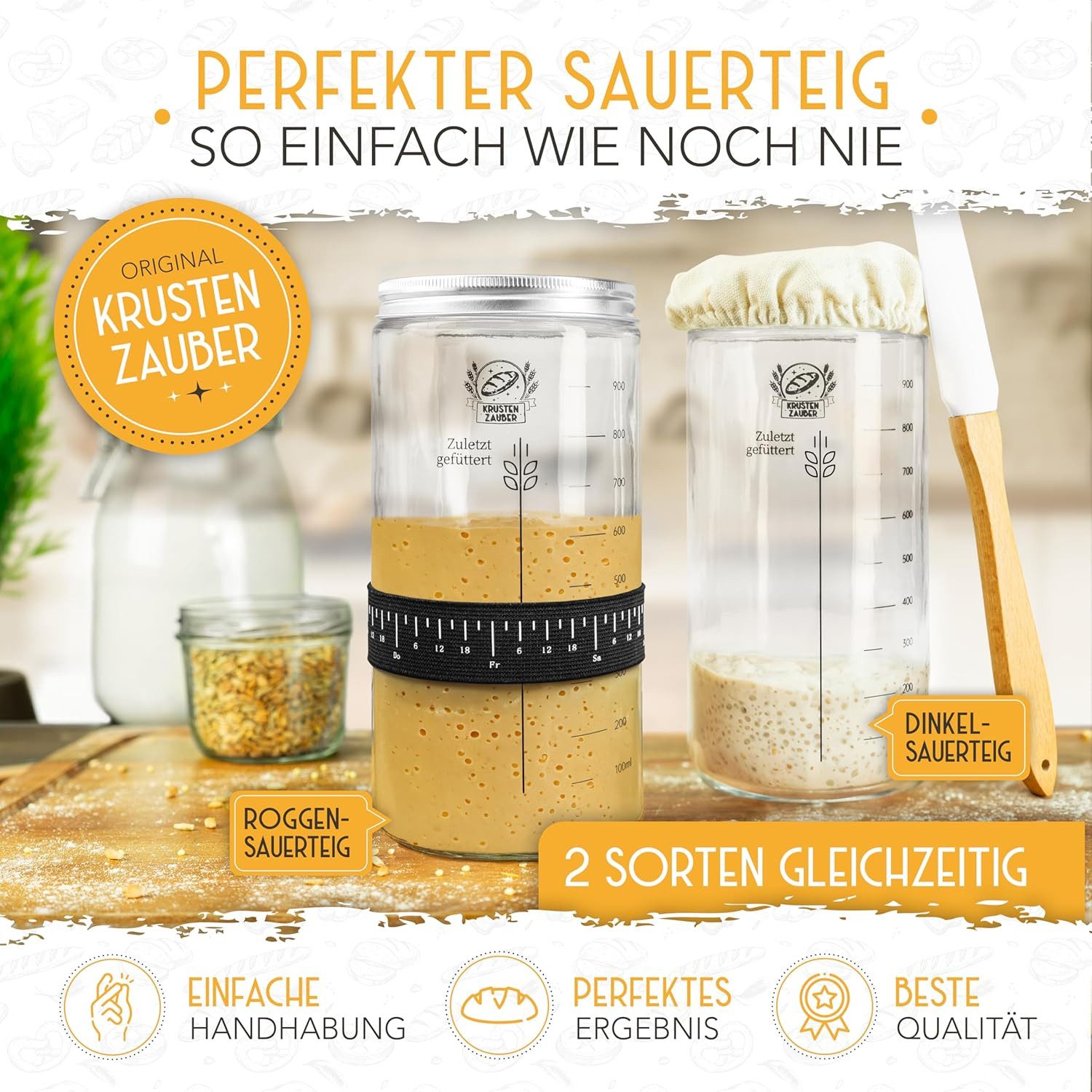Krustenzauber Fermentationsglas Brotbackform Sauerteig Starter Set - Gärglas mit Spatel u. Thermometer, (2-tlg)