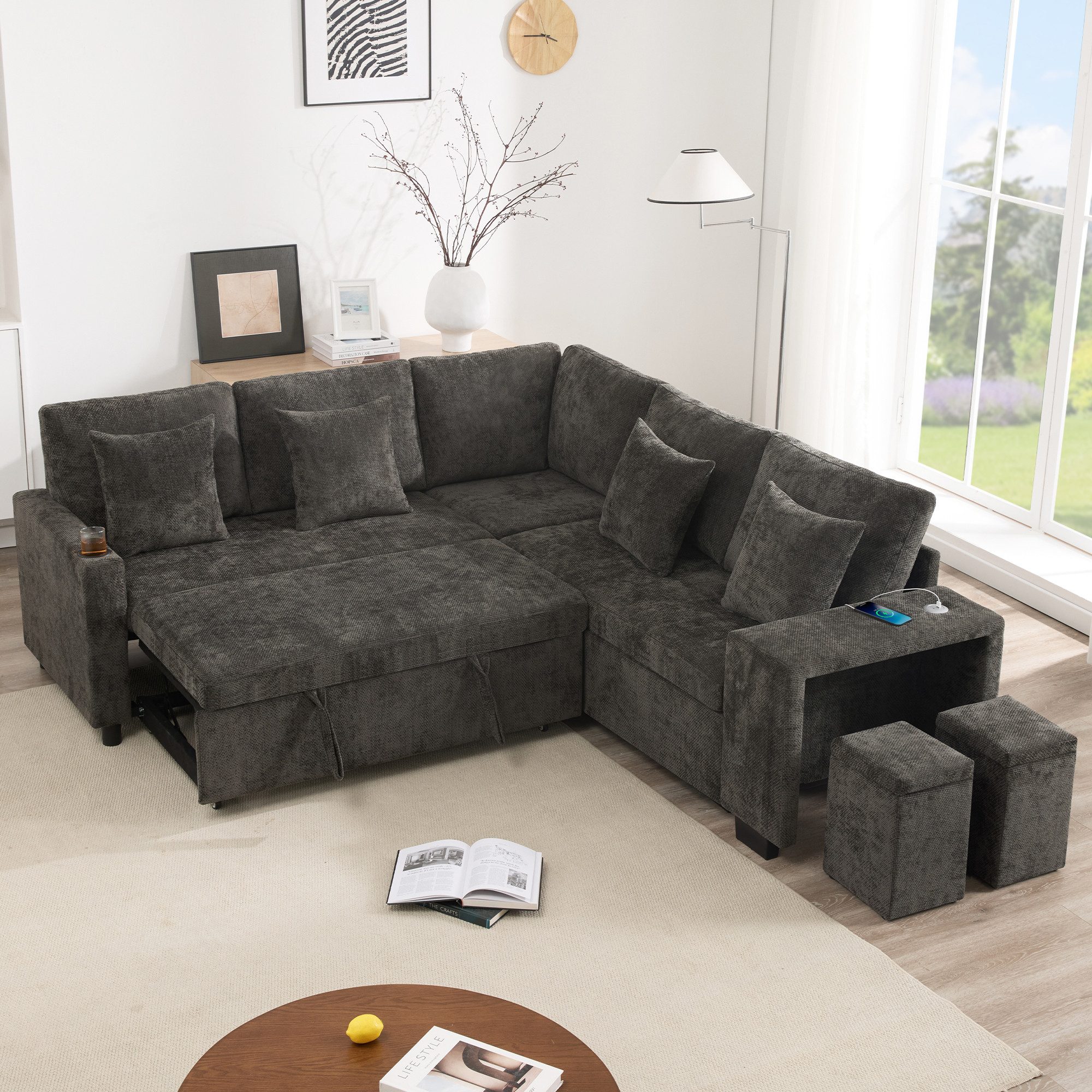 Merax Ecksofa L-förmiges Sofa, Umwandelbares Schlasofa mit Schlaffunktion & Stauraum, Ideal für Wohnzimmer und Heimkino 1 Teile, Modular …
